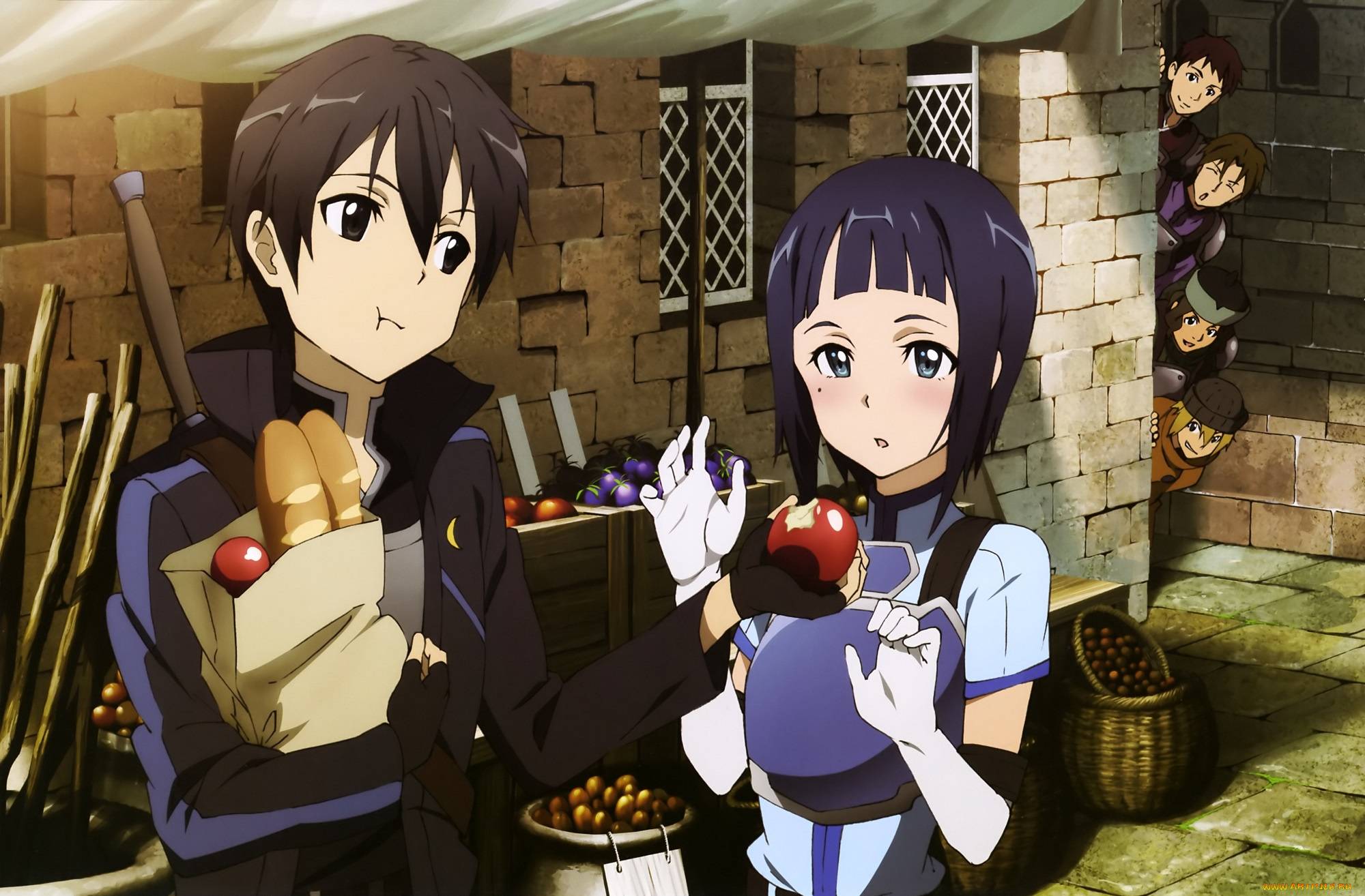 аниме, sword, art, online, кирито, яблоко, девушка
