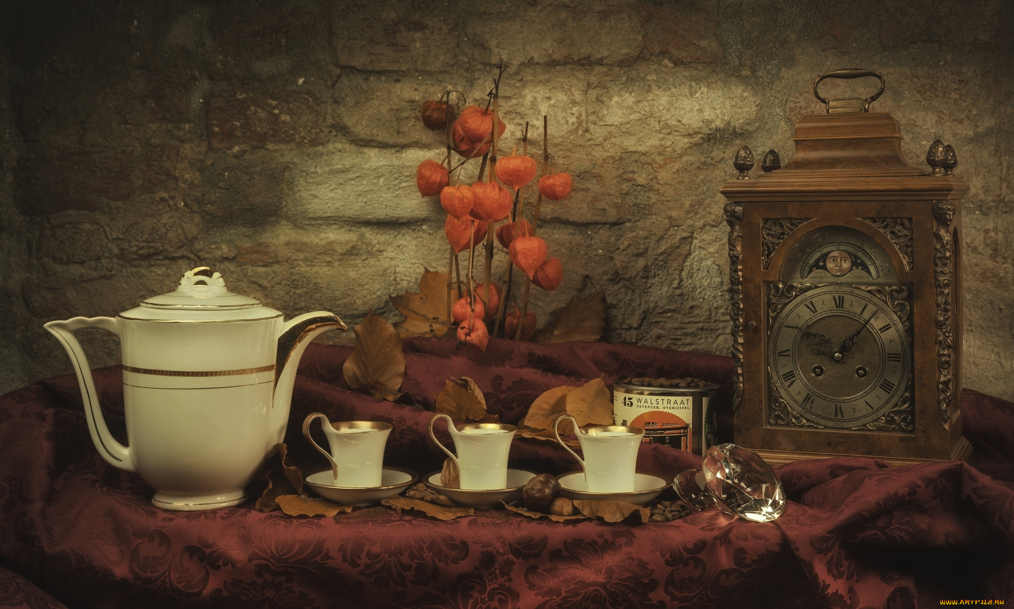 разное, посуда, , столовые, приборы, , кухонная, утварь, натюрморт, чашки, кофейник, часы, физалис