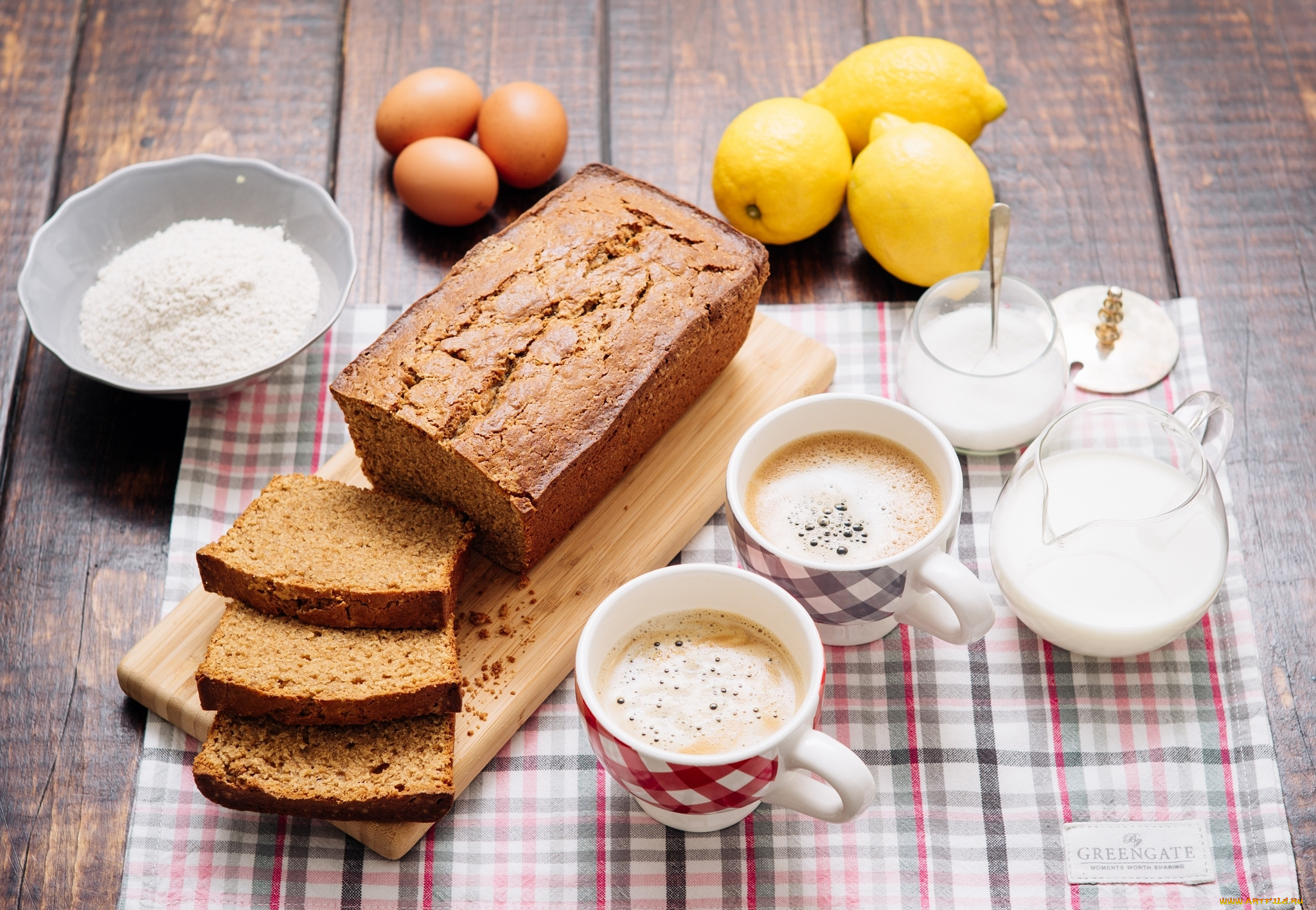 еда, разное, кекс, выпечка, кофе, лимон, яйца, молоко, мука