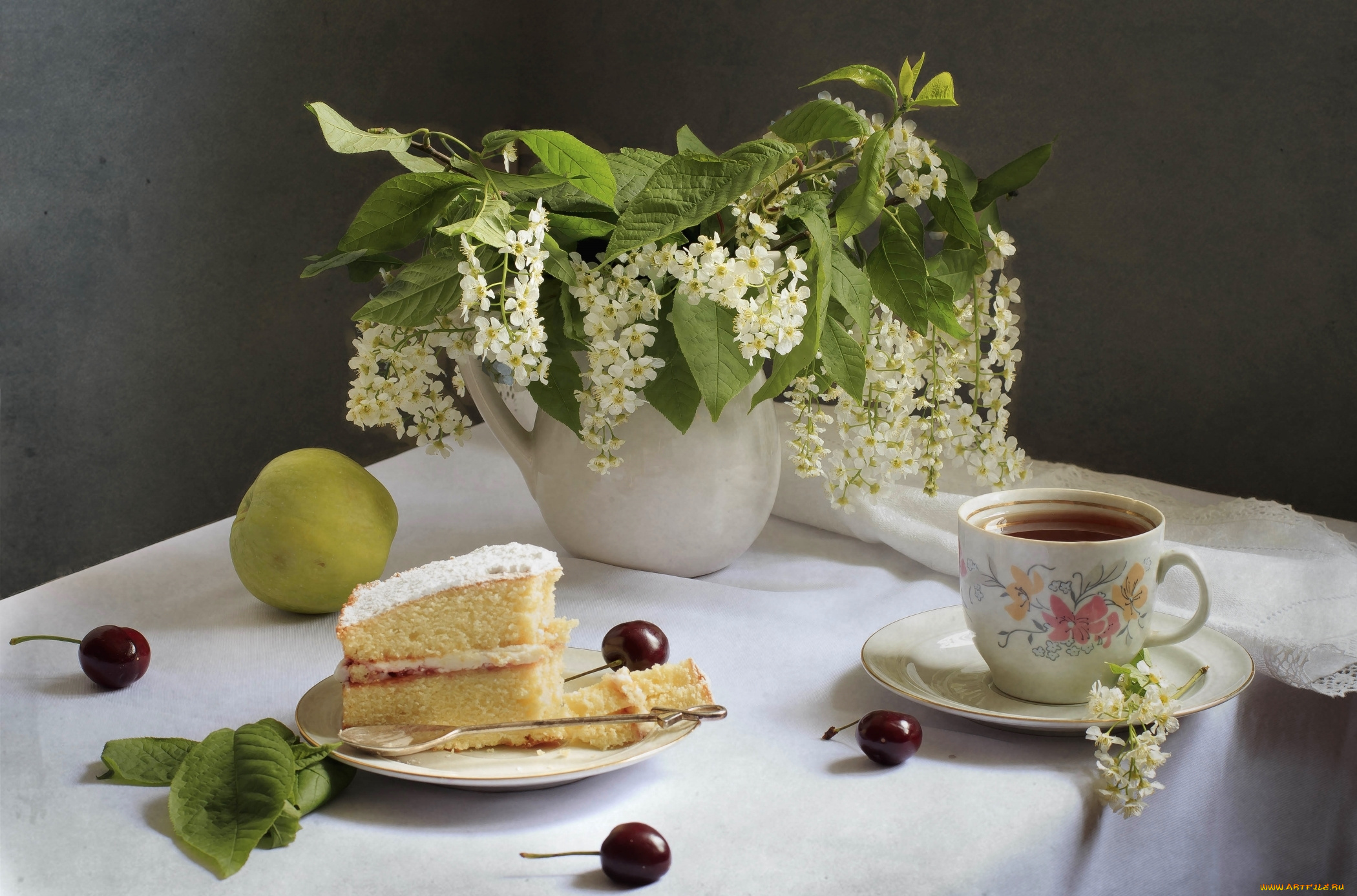 еда, натюрморт, торт, вишня, чай, черемуха, яблоко