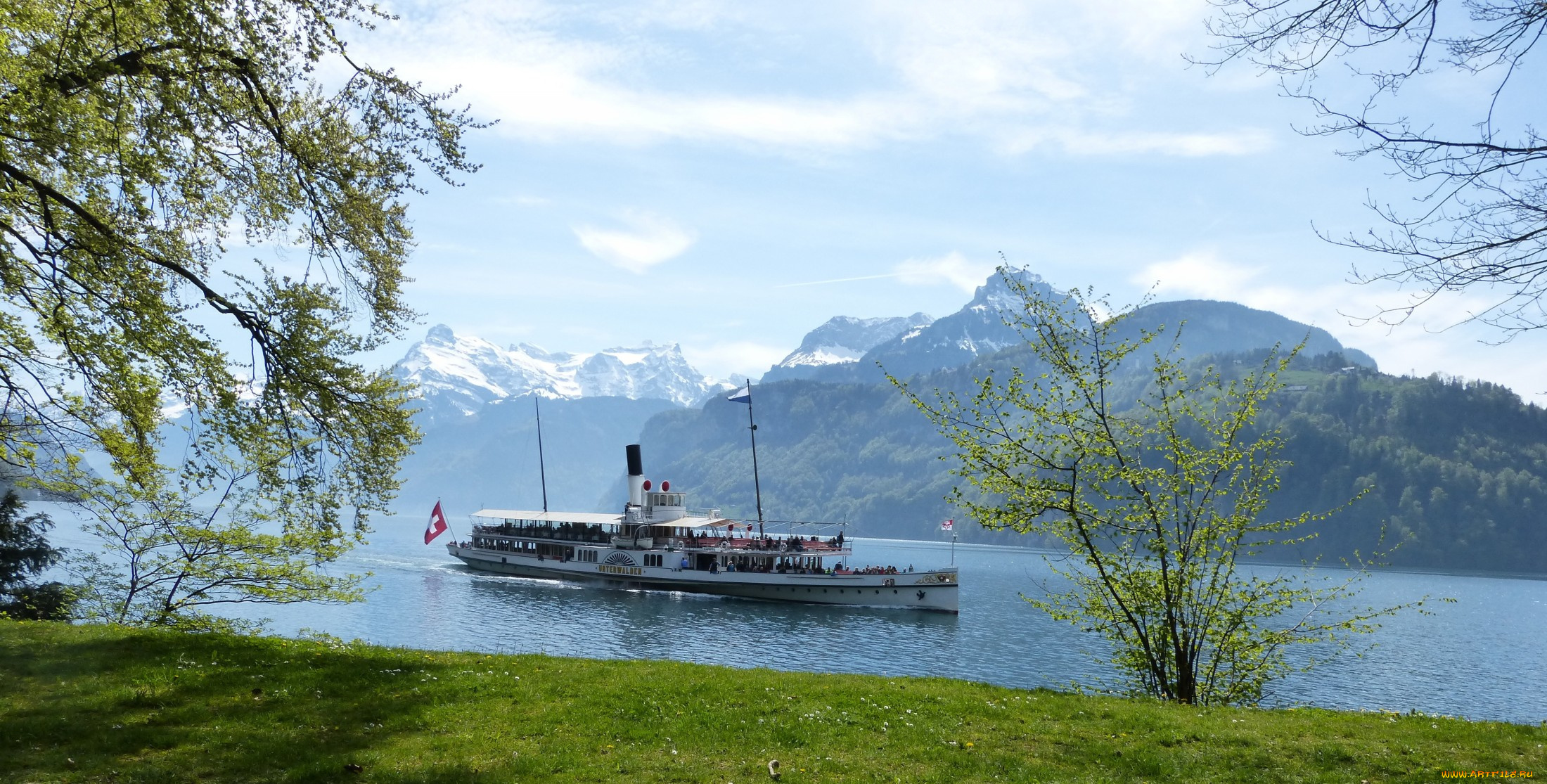 корабли, пароходы, река, лес