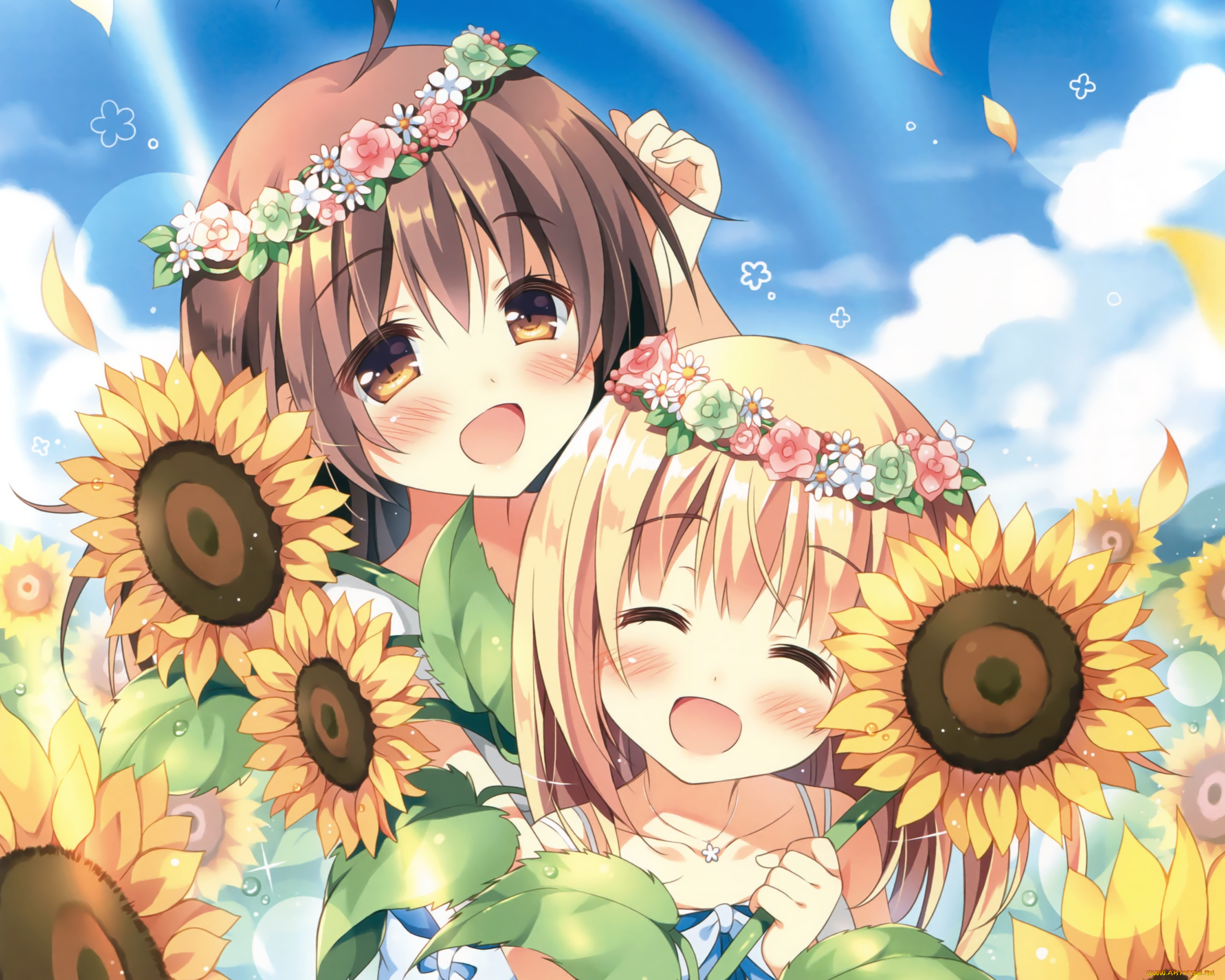 аниме, unknown, , другое, венки, цветы, девочки