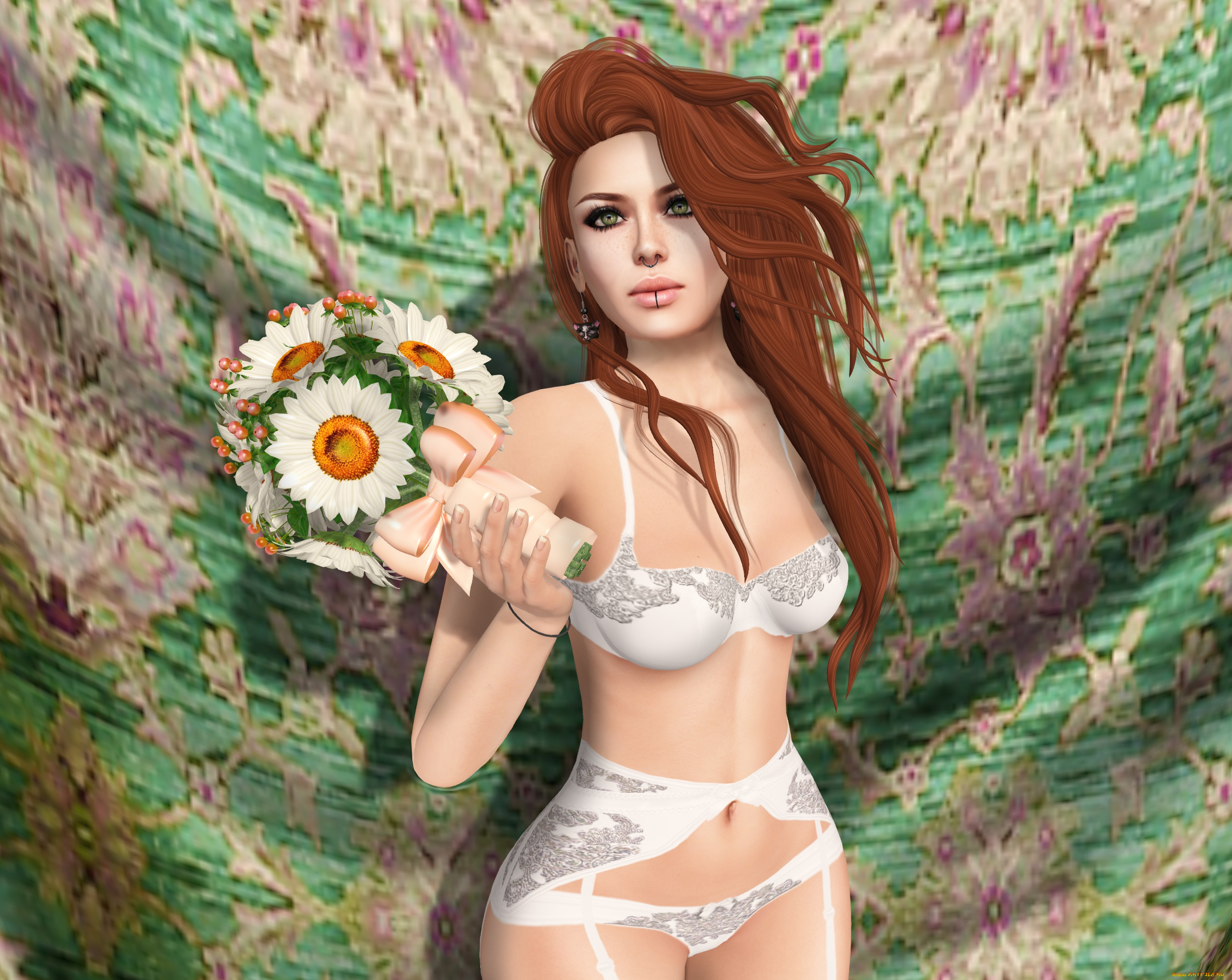 3д, графика, люди, , people, взгляд, девушка, рыжая, фон