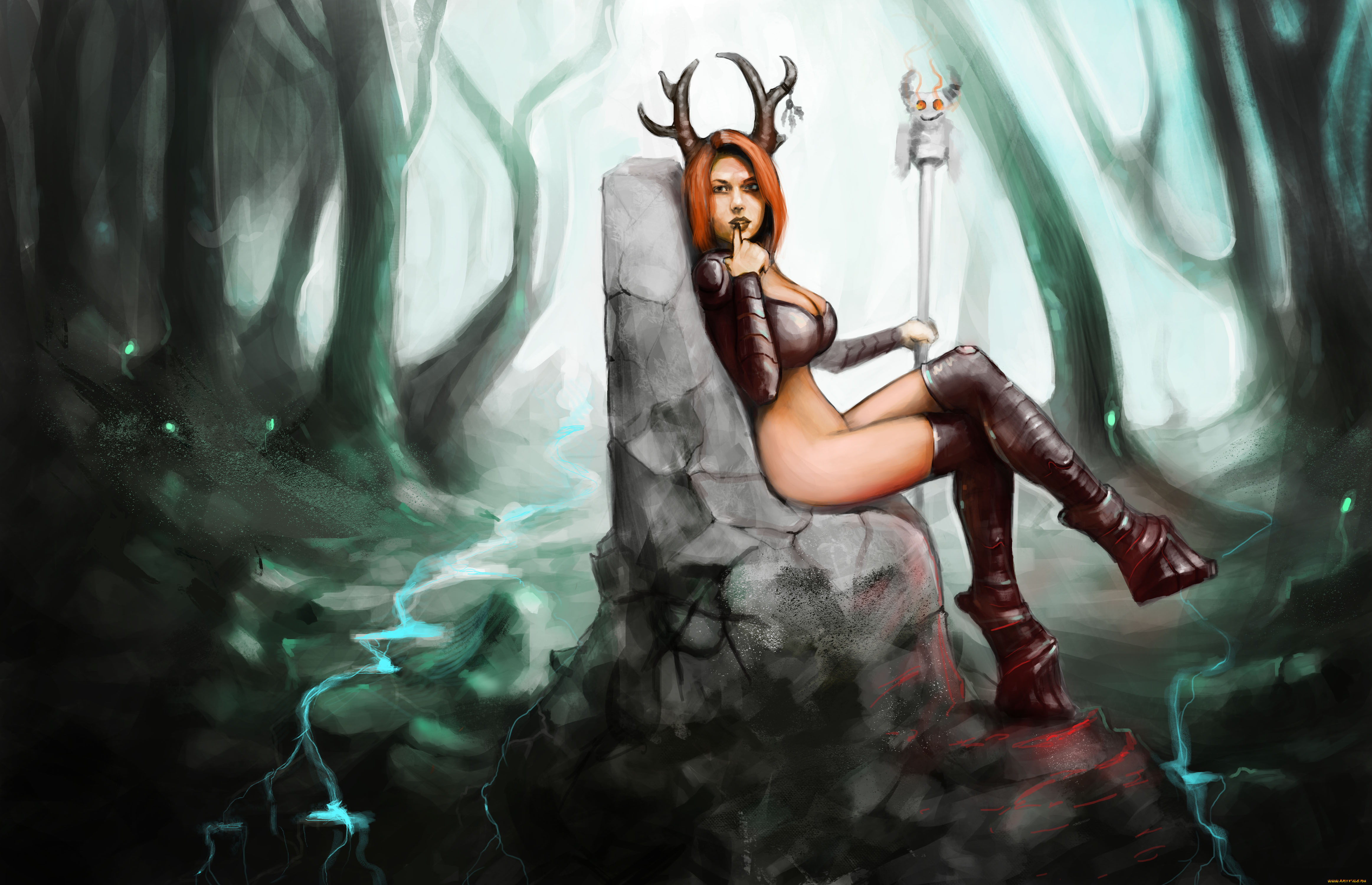 фэнтези, демоны, девушка, демон, рога, трон, посох