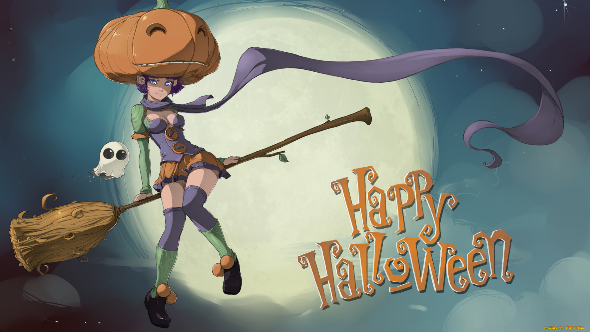 праздничные, хэллоуин, девушка, фон, взгляд, полет, тыква, метла, привидение