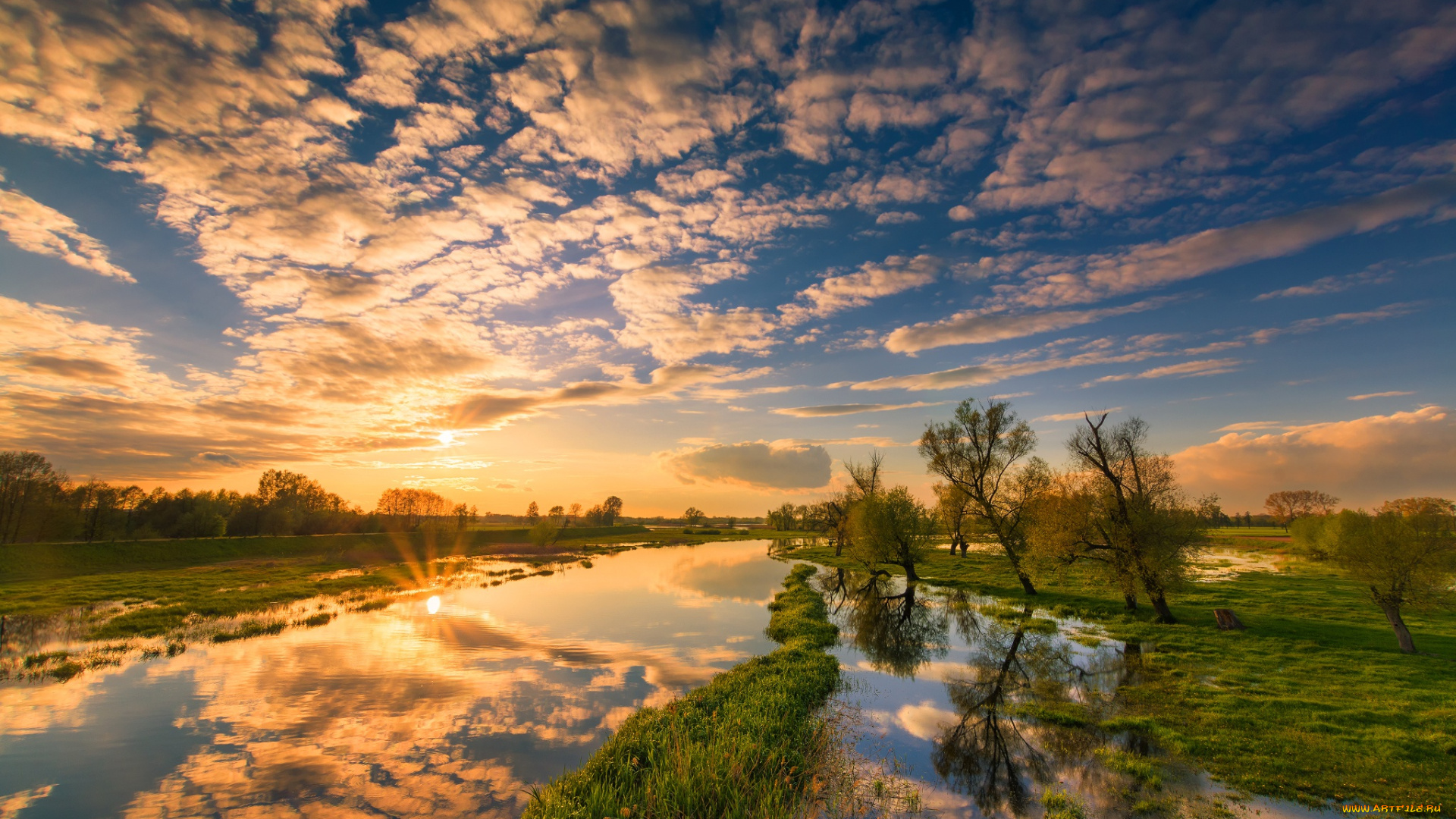 природа, восходы, закаты, деревья, облака, река, отражение