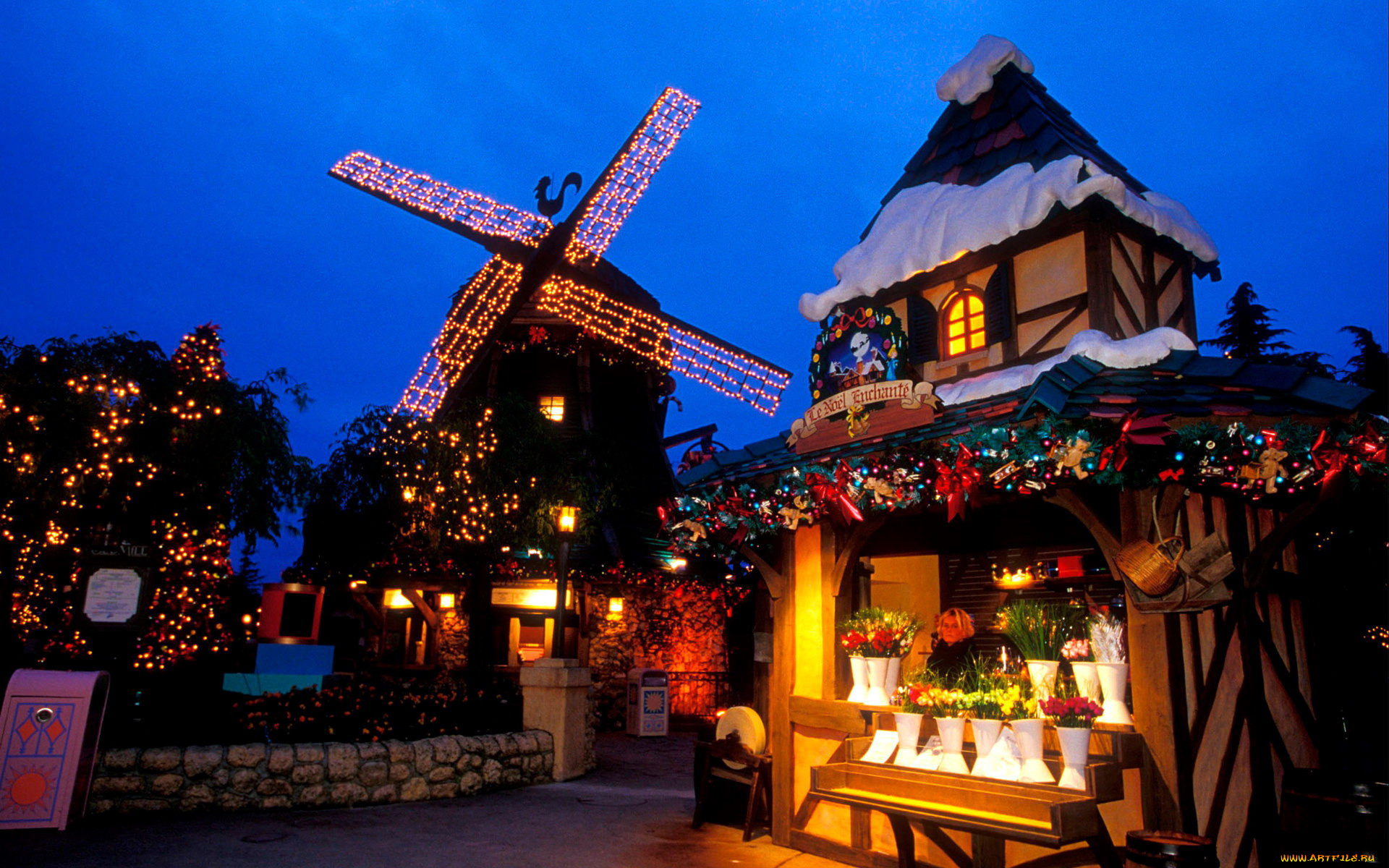 праздничные, новогодние, пейзажи, мельница, иллюминация