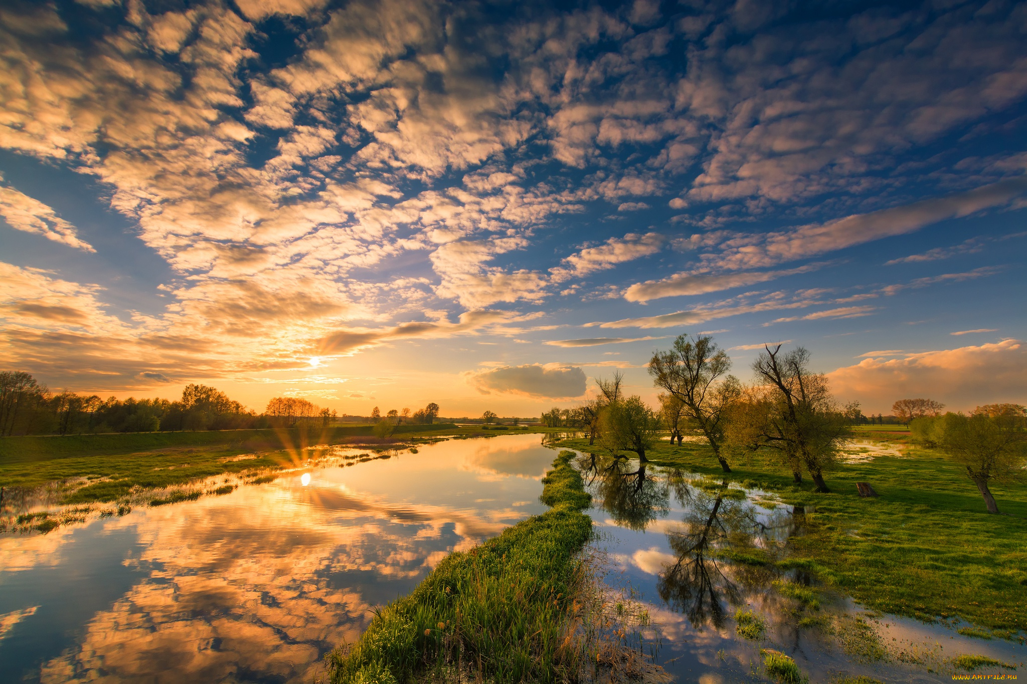природа, восходы, закаты, деревья, облака, река, отражение