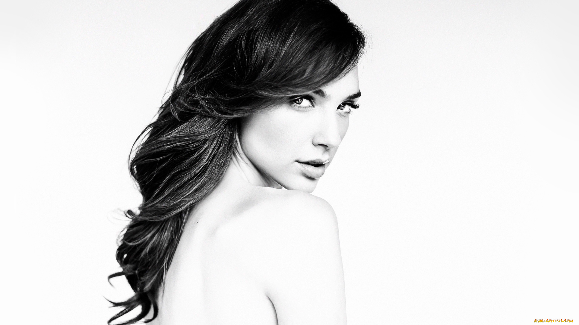 девушки, gal, gadot, актриса, плечо, черно-белая, взгляд, лицо