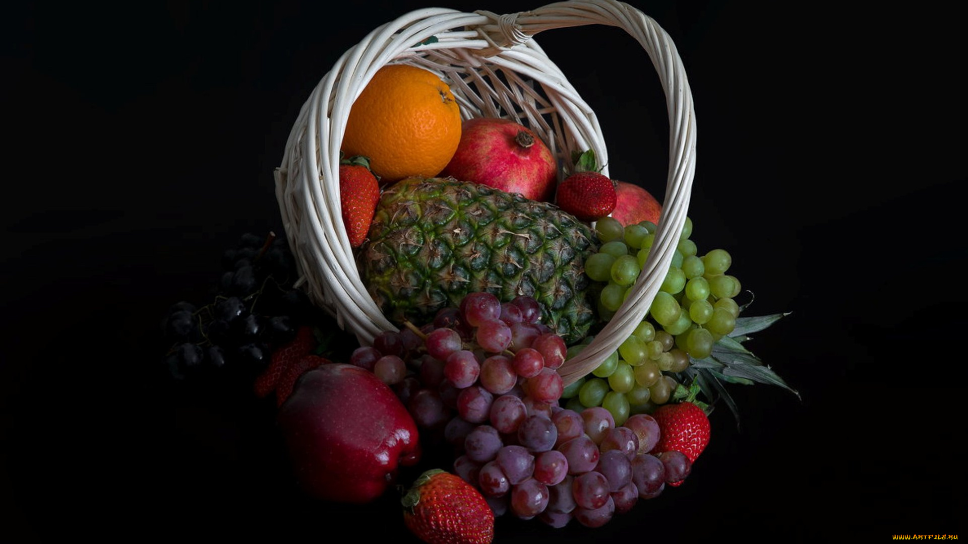 еда, фрукты, , ягоды, яблоки, апельсин, гранат, клубника, натюрморт, виноград, ананас