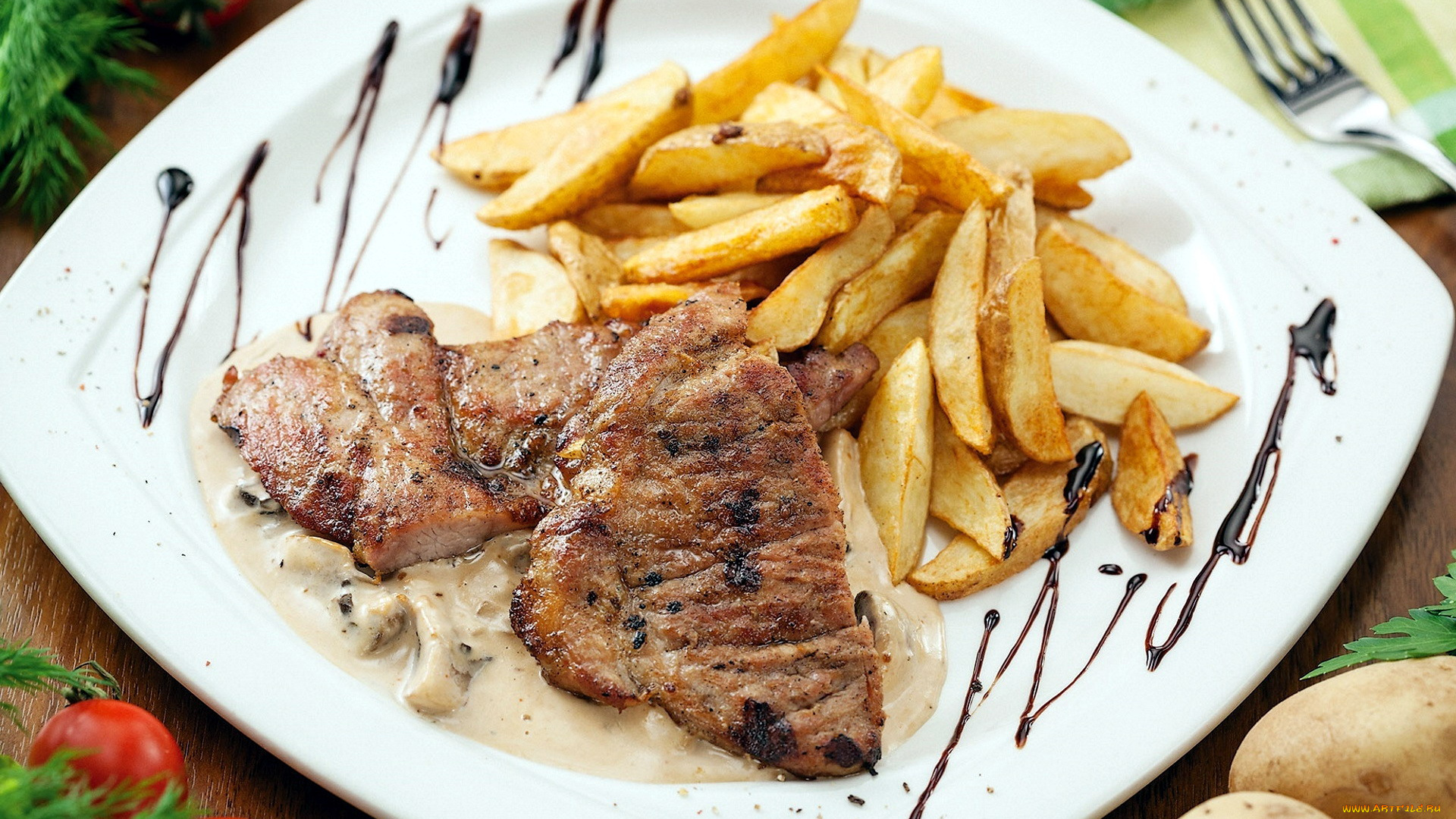 еда, мясные, блюда, картофель, мясо, томаты, помидоры