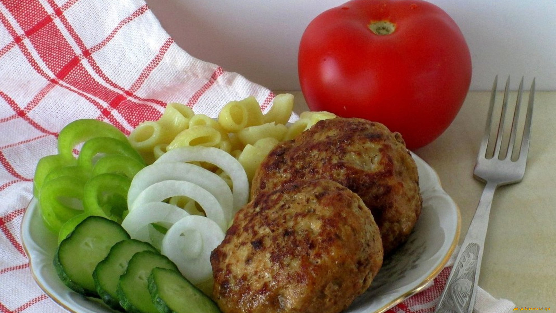 еда, мясные, блюда, огурцы, томаты, вторые, блюда, макароны, спагетти, котлеты, помидоры, лук