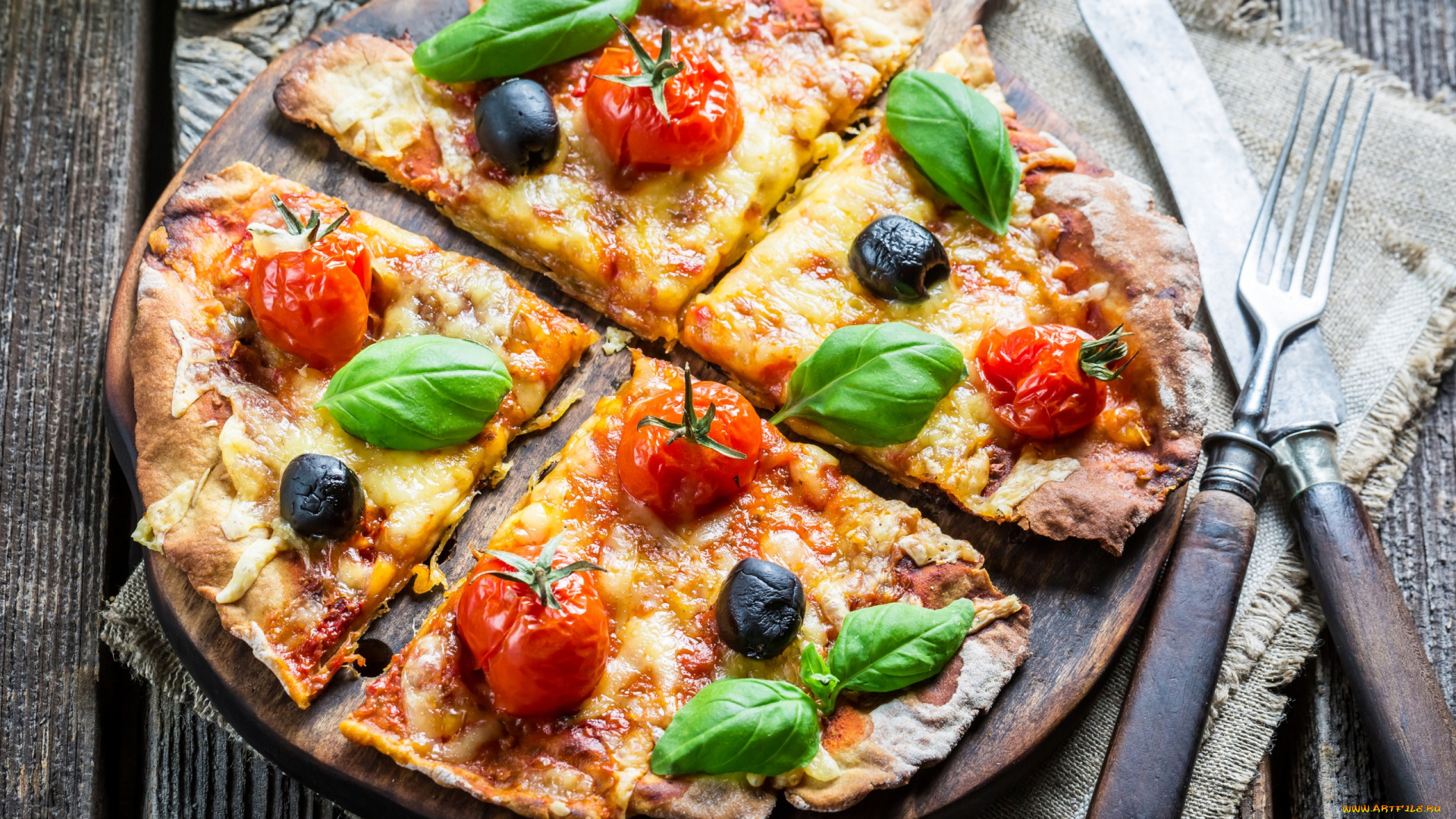 еда, пицца, куски, приборы, вилка, нож, салфетка