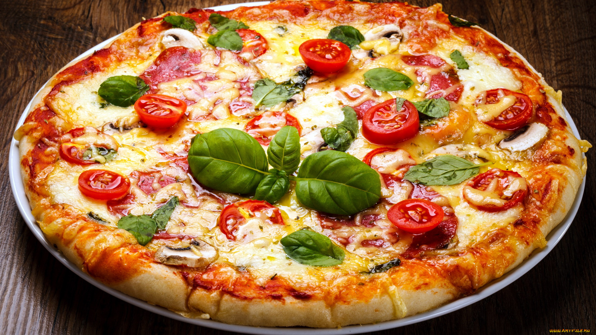 еда, пицца, помидоры, базилик, сыр, томаты