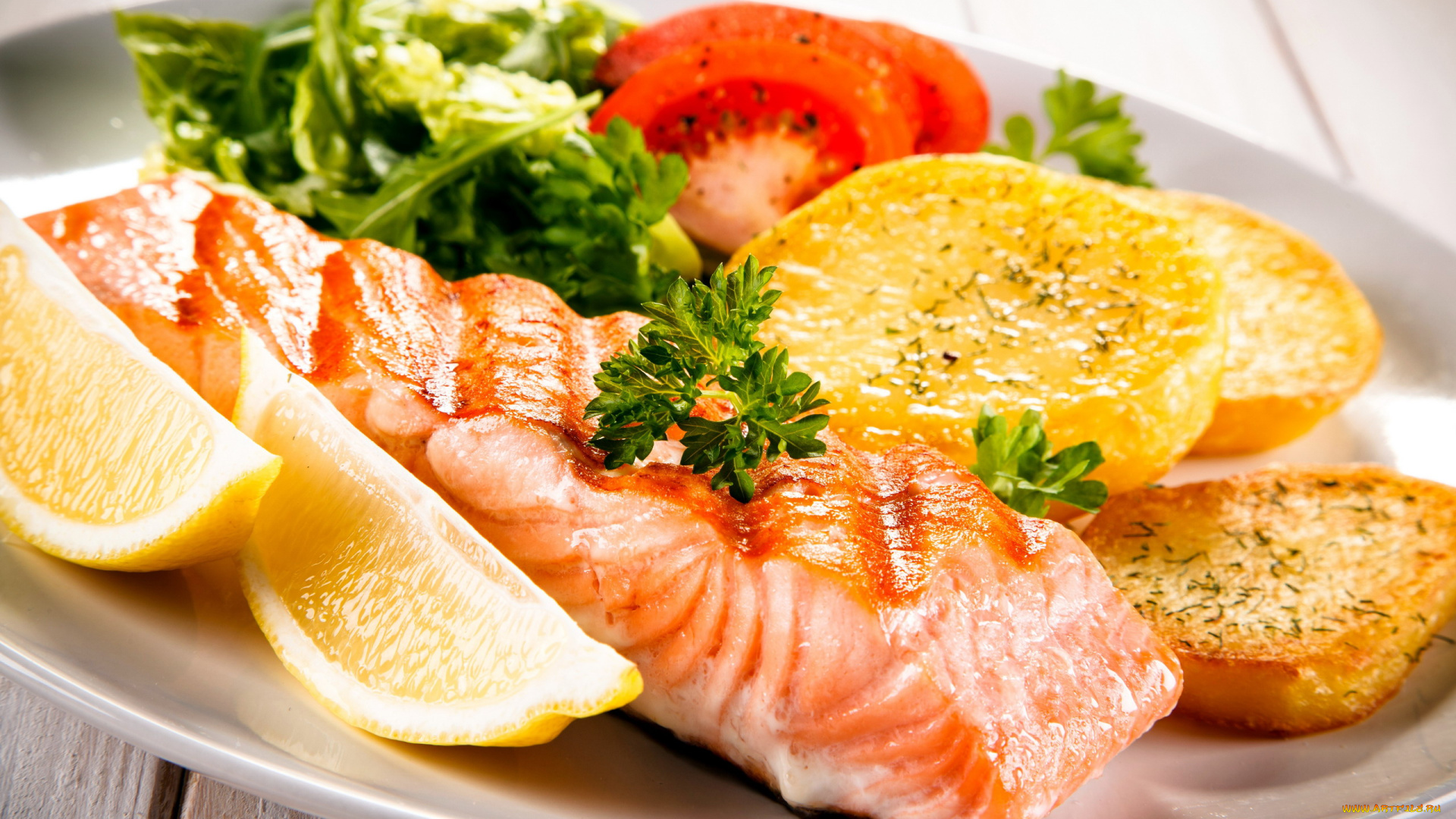 еда, рыбные, блюда, , с, морепродуктами, картофель, форель, лимон, томаты, помидоры