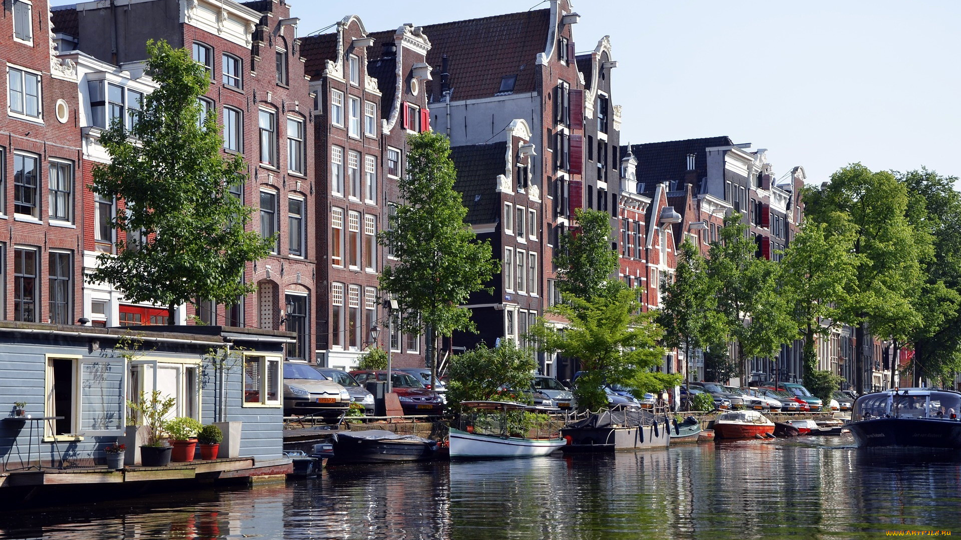 города, амстердам, , нидерланды, лодки, канал