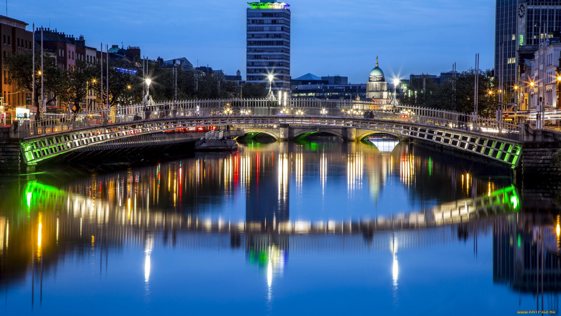 города, дублин, , ирландия, мост, огни, вечер, река