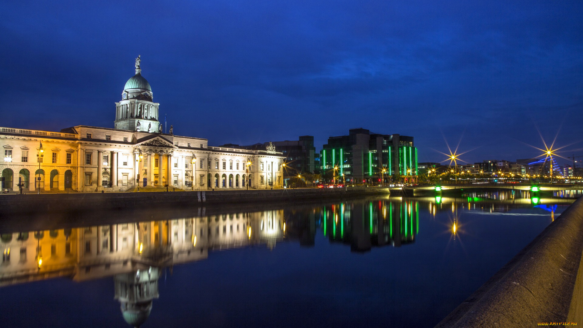 города, дублин, , ирландия, огни, вечер, река