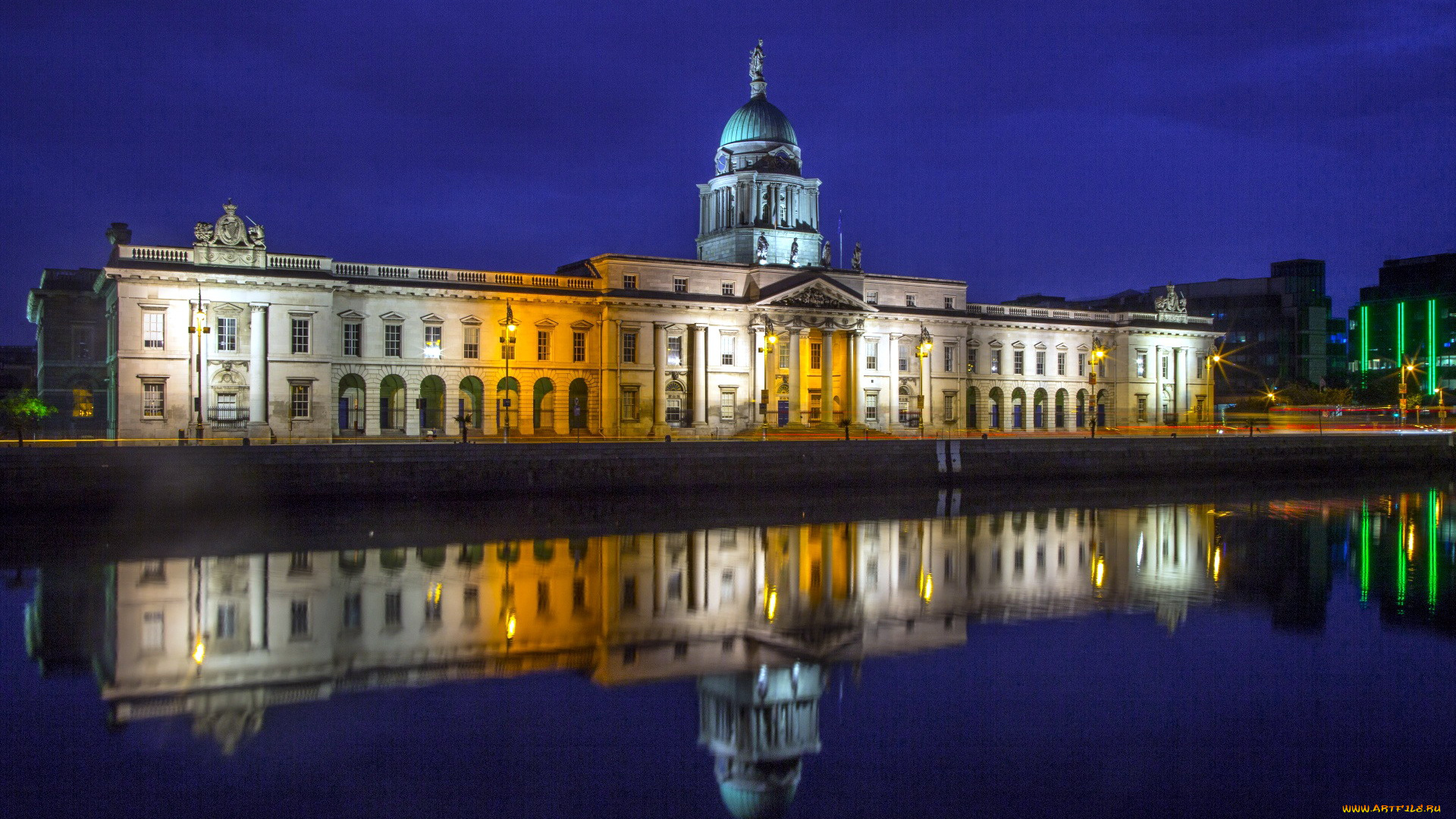 города, дублин, , ирландия, огни, вечер, река, мост