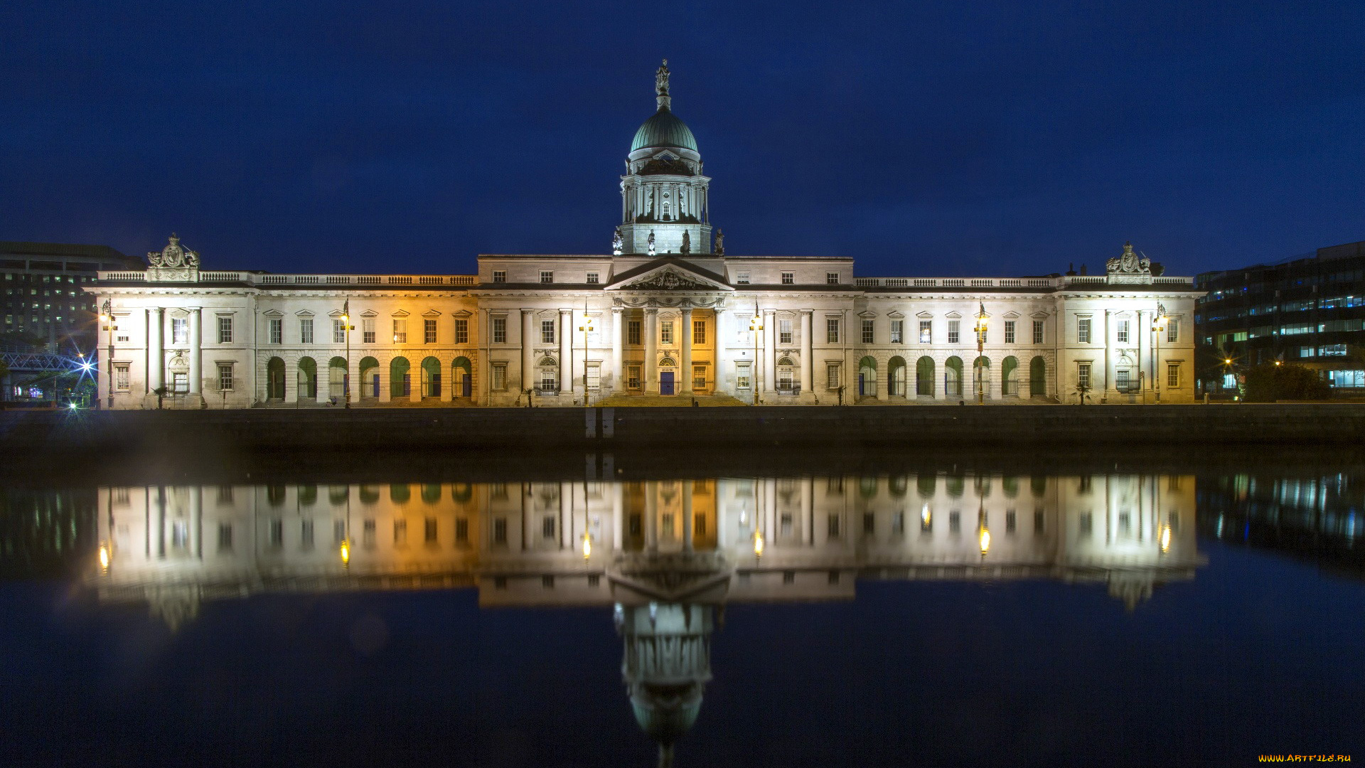 города, дублин, , ирландия, огни, вечер, река