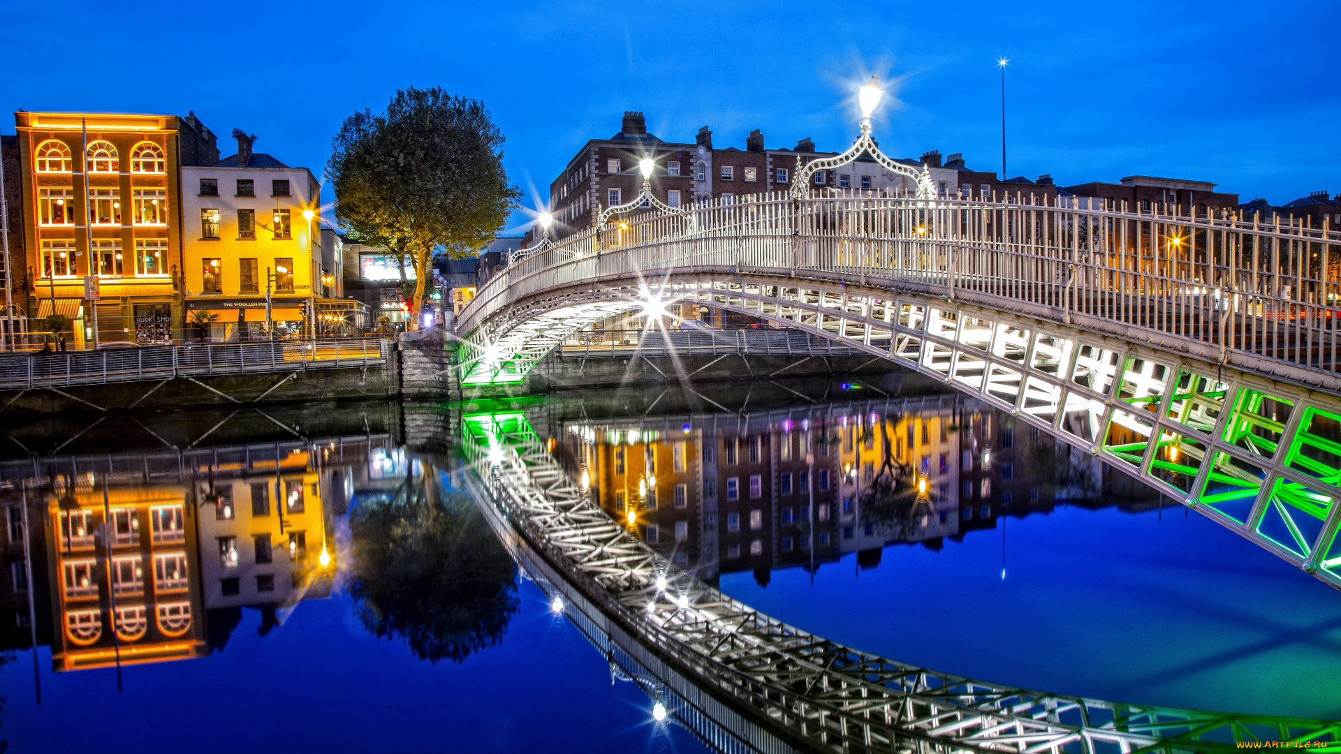 города, дублин, , ирландия, река, мост, огни, вечер