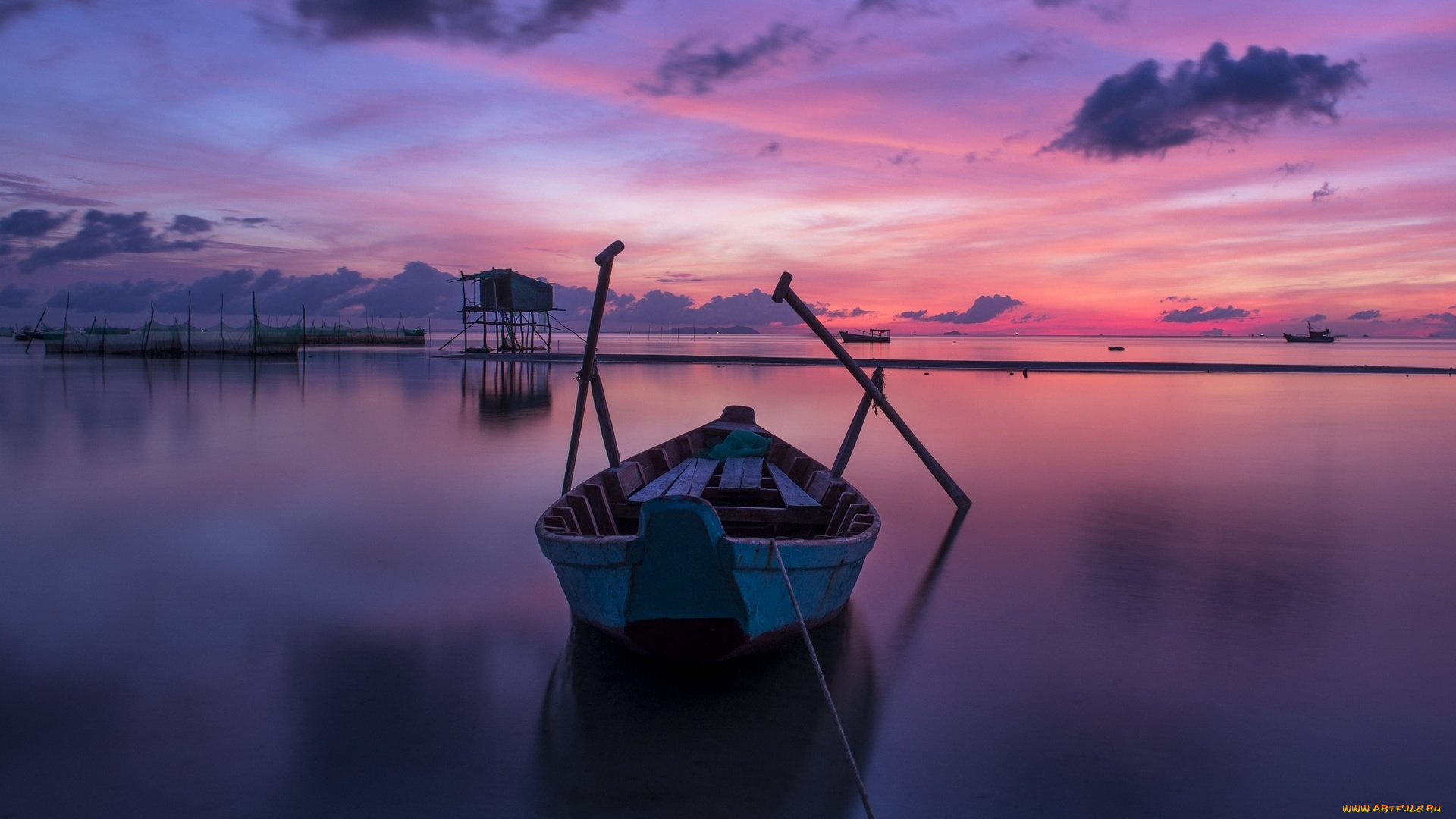 корабли, лодки, , шлюпки, море, небо, облака, сети, закат, лодка