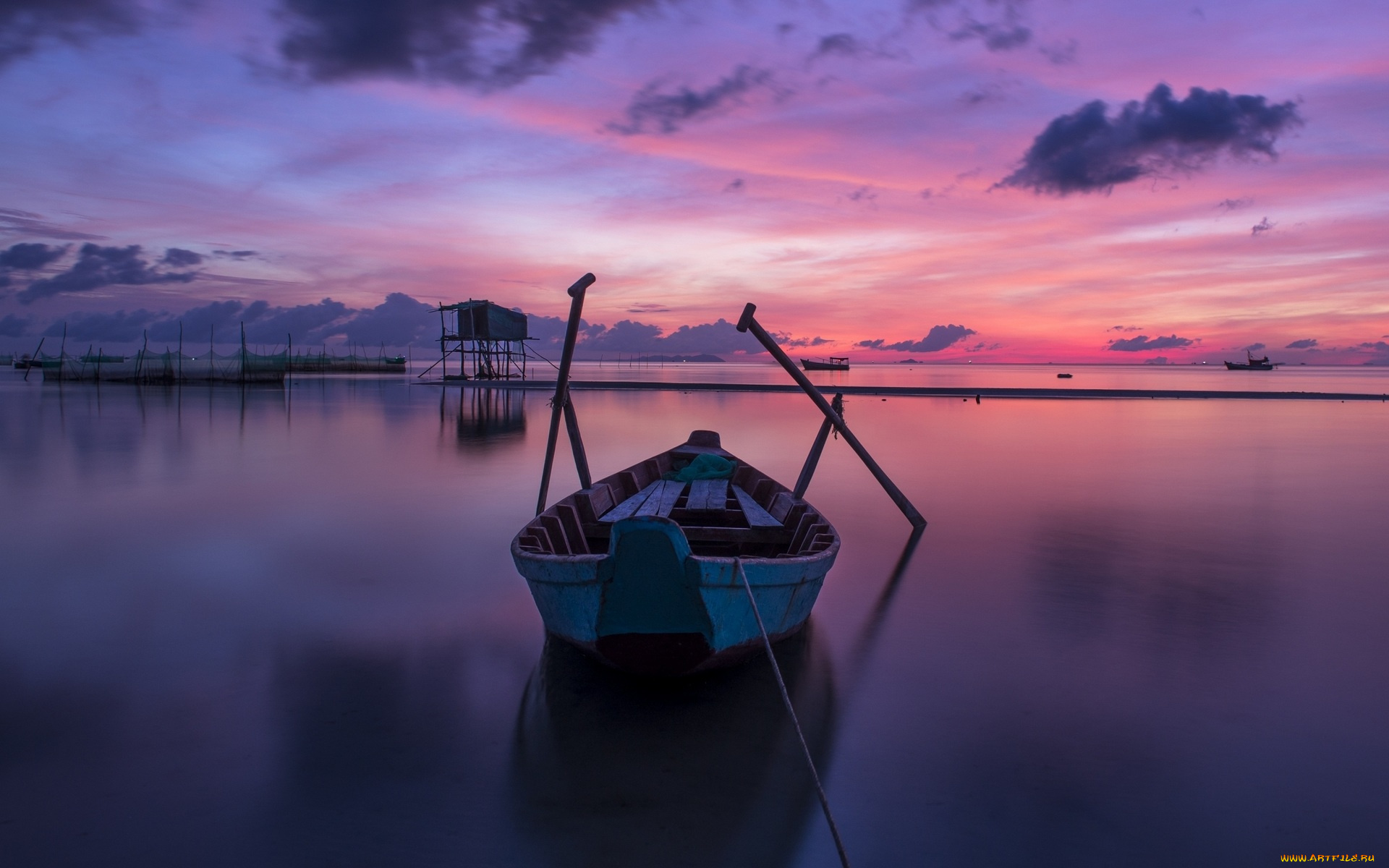 корабли, лодки, , шлюпки, море, небо, облака, сети, закат, лодка