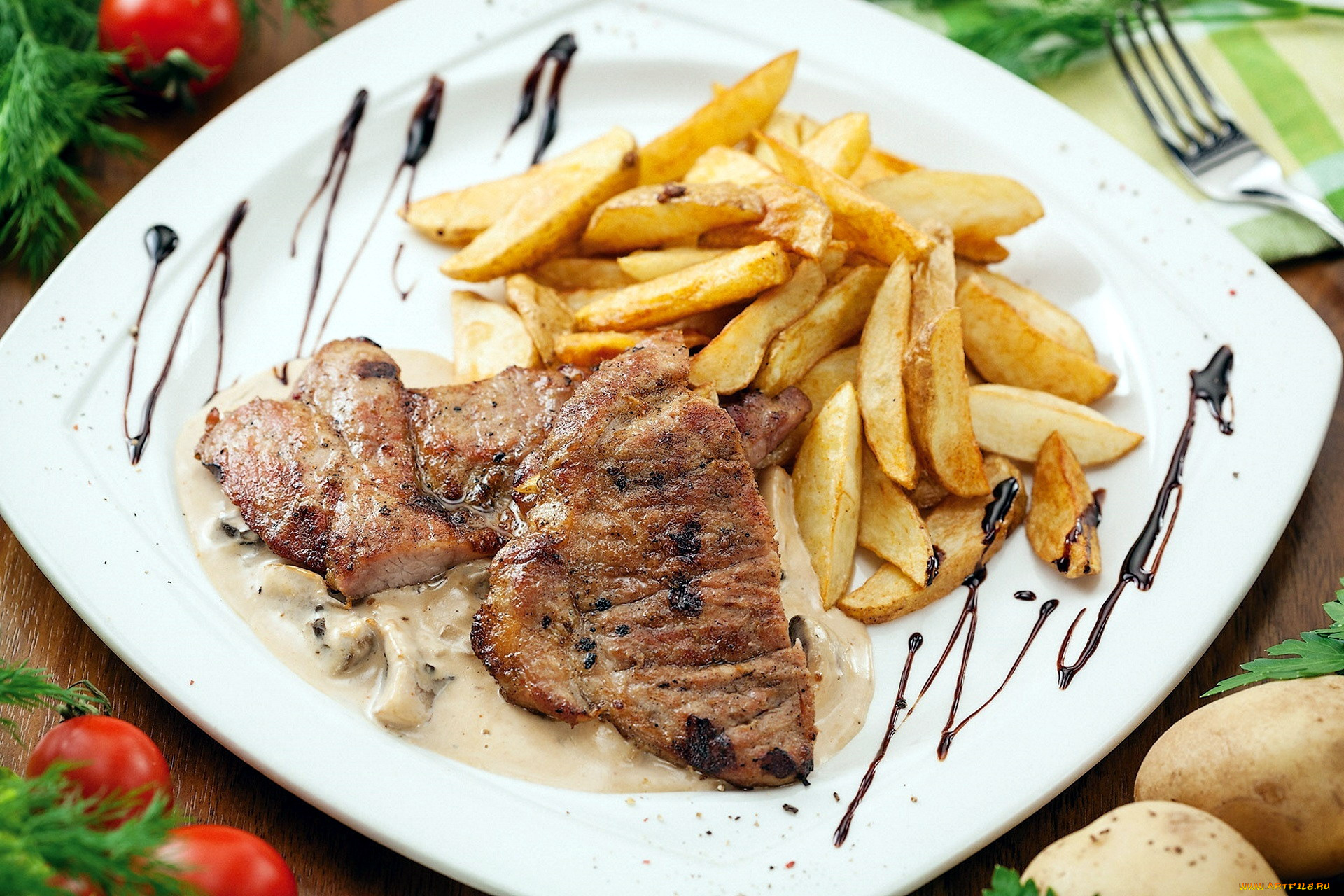 еда, мясные, блюда, картофель, мясо, томаты, помидоры