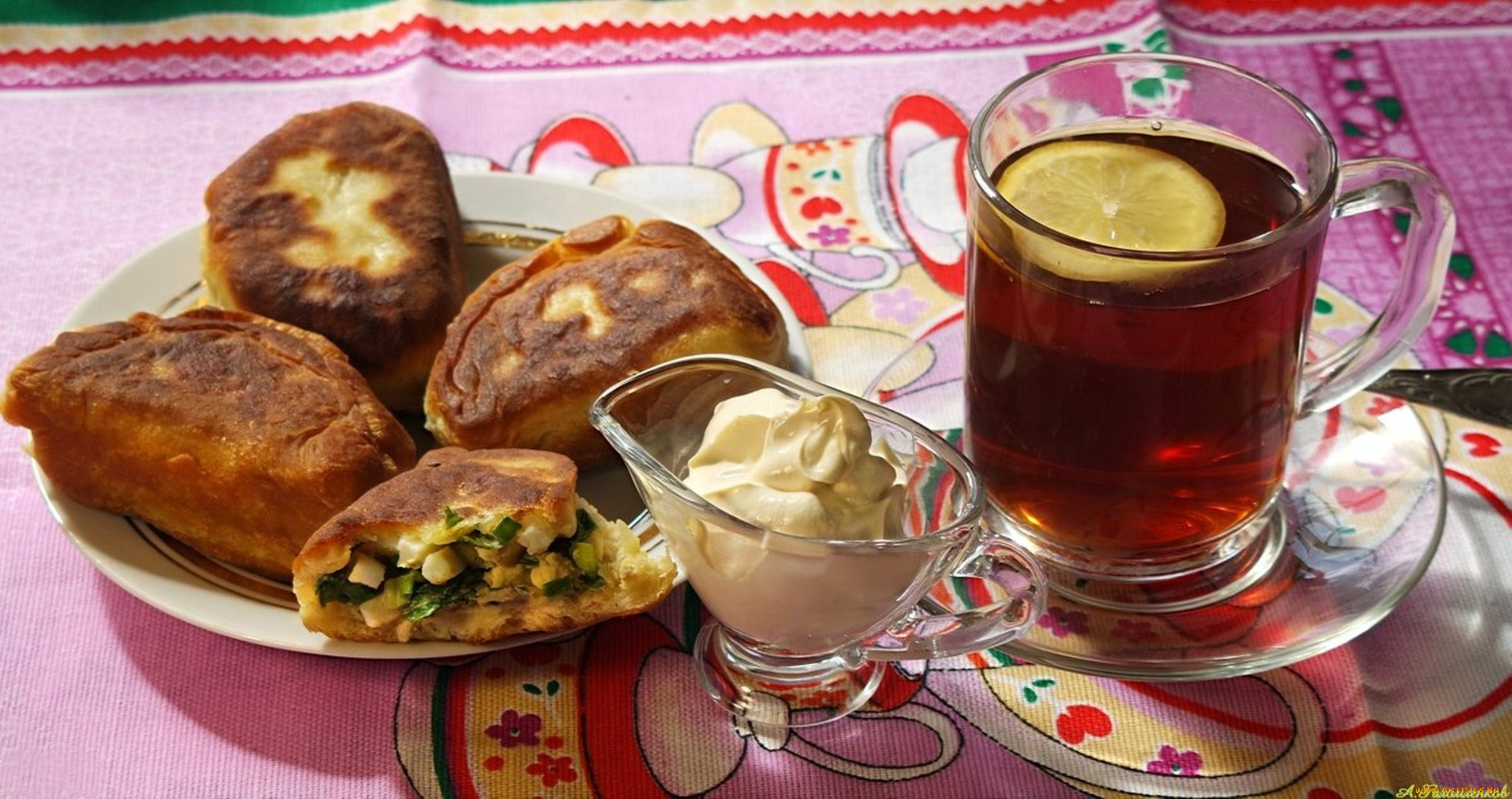 еда, бутерброды, , гамбургеры, , канапе, натюрморт, лимон, чай, сметана, пирожки