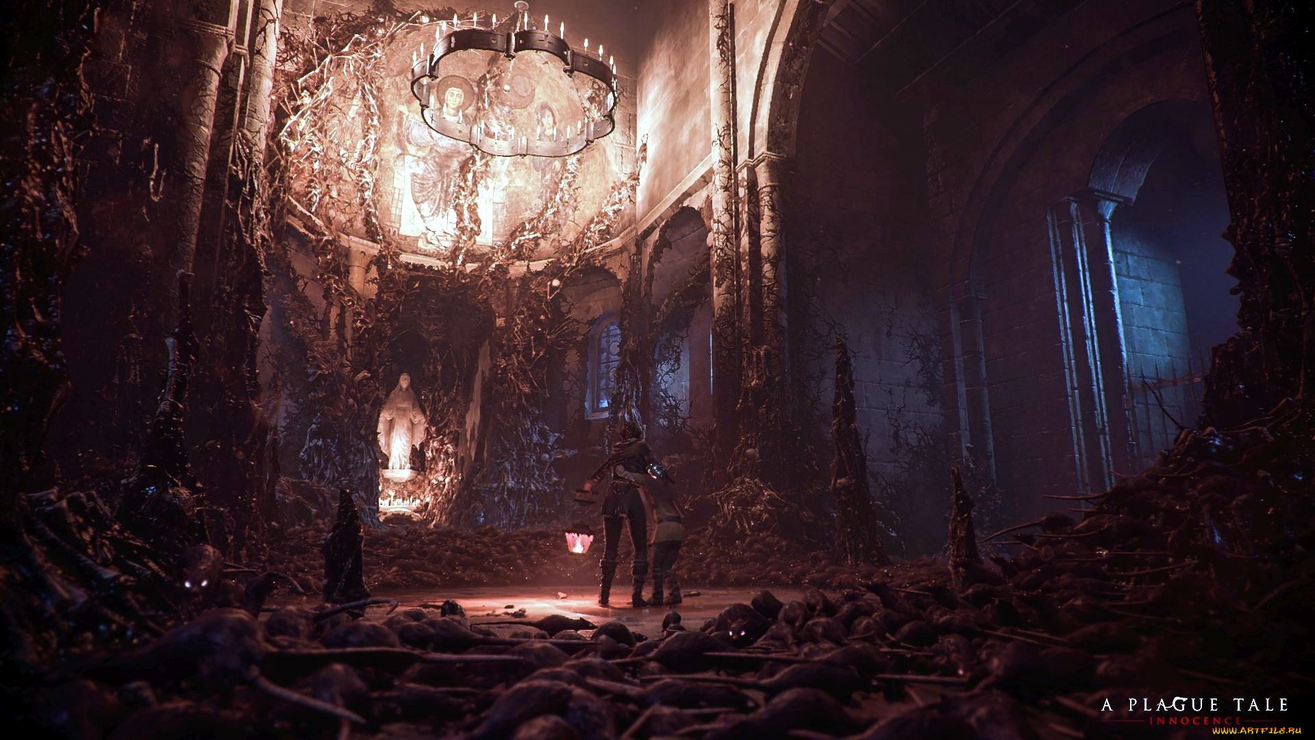 видео, игры, a, plague, tale, , innocence, крысы, люстра, храм, фонарь, мальчик, девушка