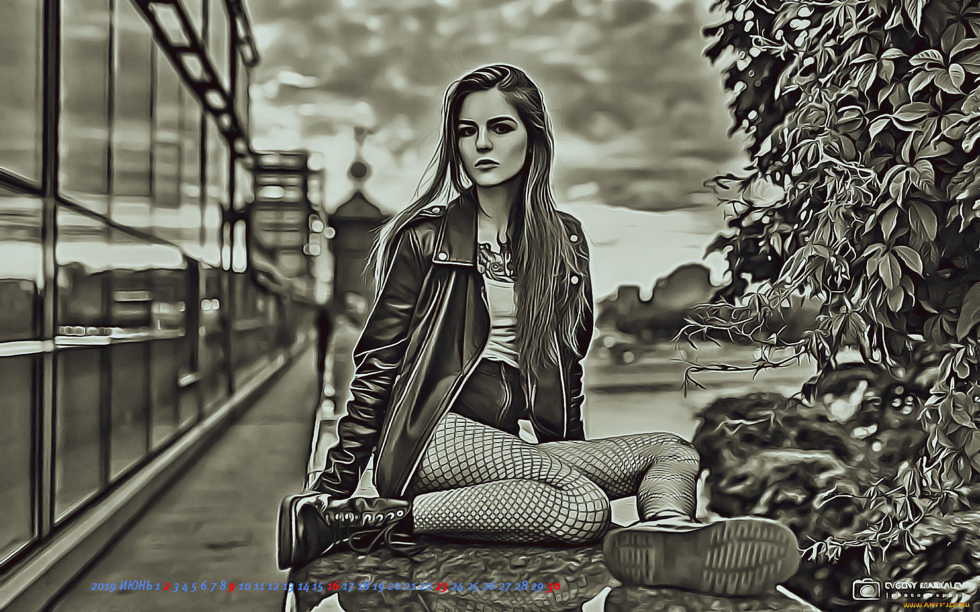 календари, компьютерный, дизайн, calendar, дерево, сидеть, город, девушка