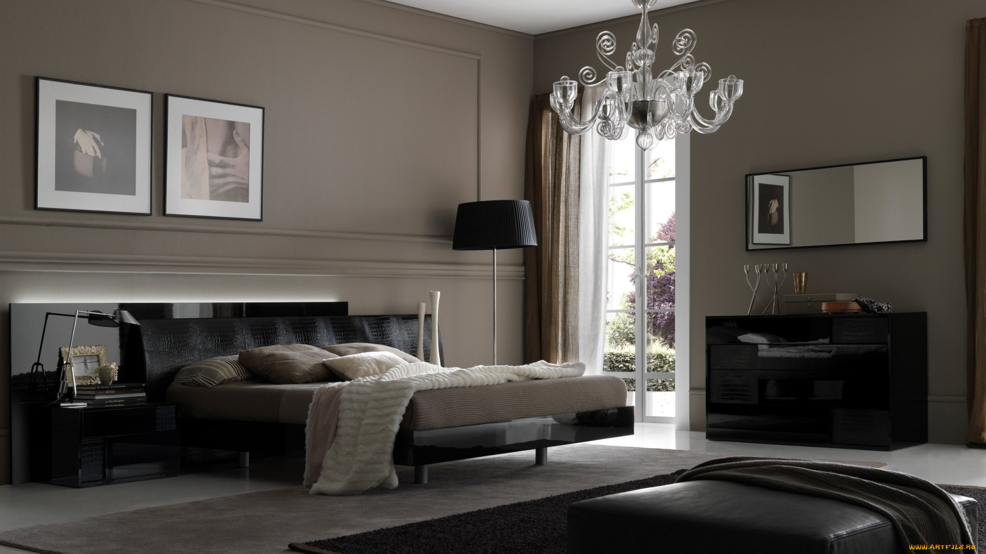 интерьер, спальня, кровать, люстра, торшер