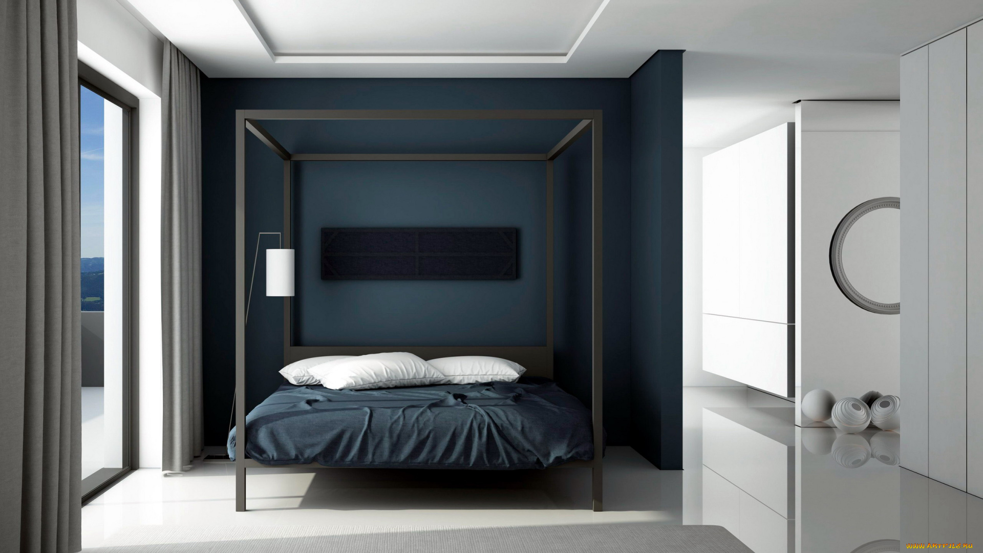 интерьер, спальня, кровать, подушки, лампа