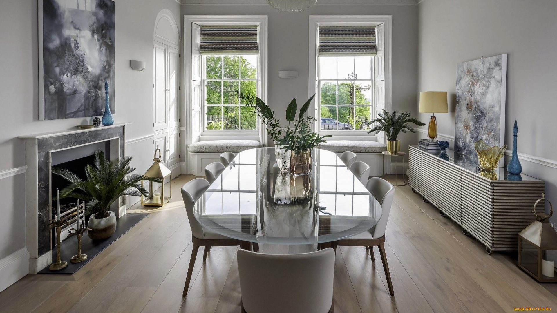 интерьер, столовая, камин, стол, стулья