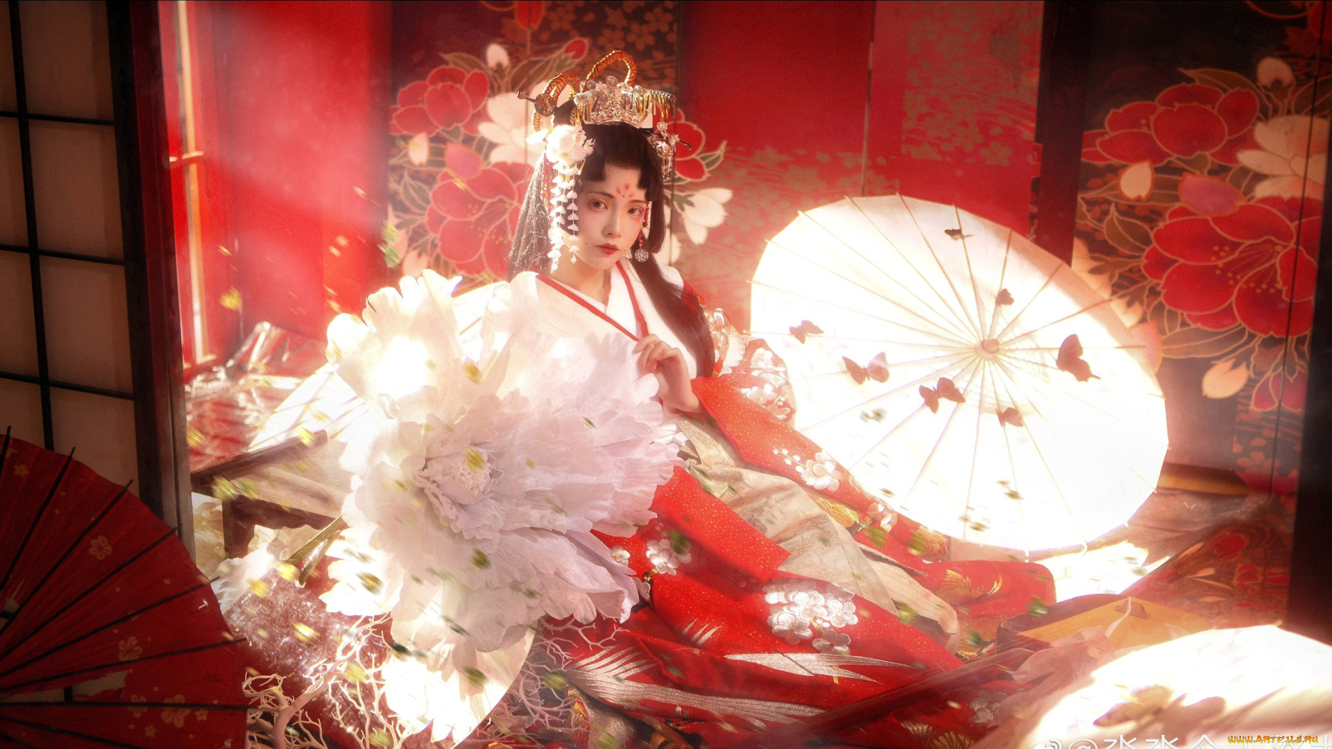 рисованное, люди, девушка, азиатка, цветы, зонт, кимоно