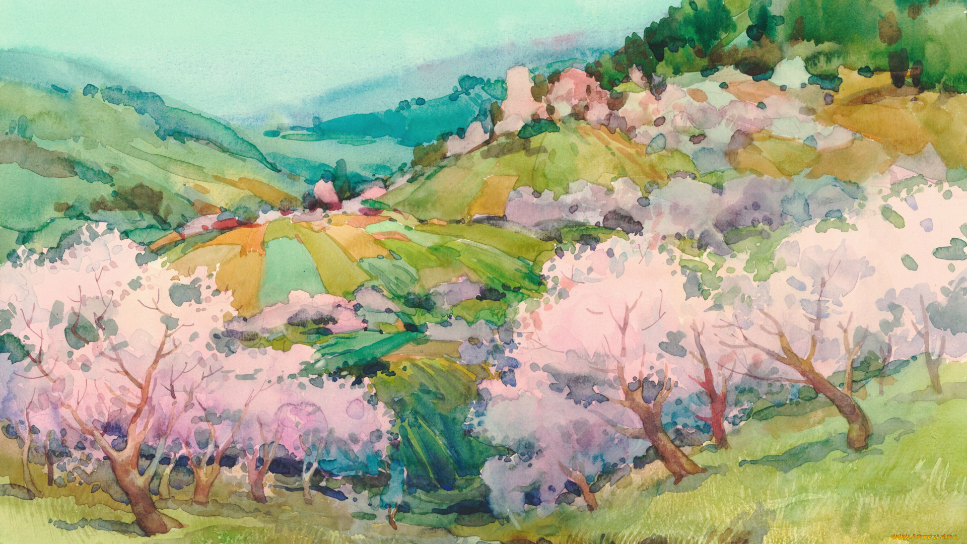 рисованное, живопись, горы, деревья, поля, долина