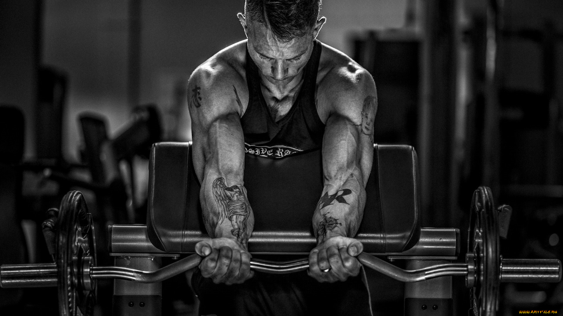 спорт, body, building, бодибилдинг, штанга, бицепс, упражнения, фитнес, тренажерный, зал, мужчина, татуировки