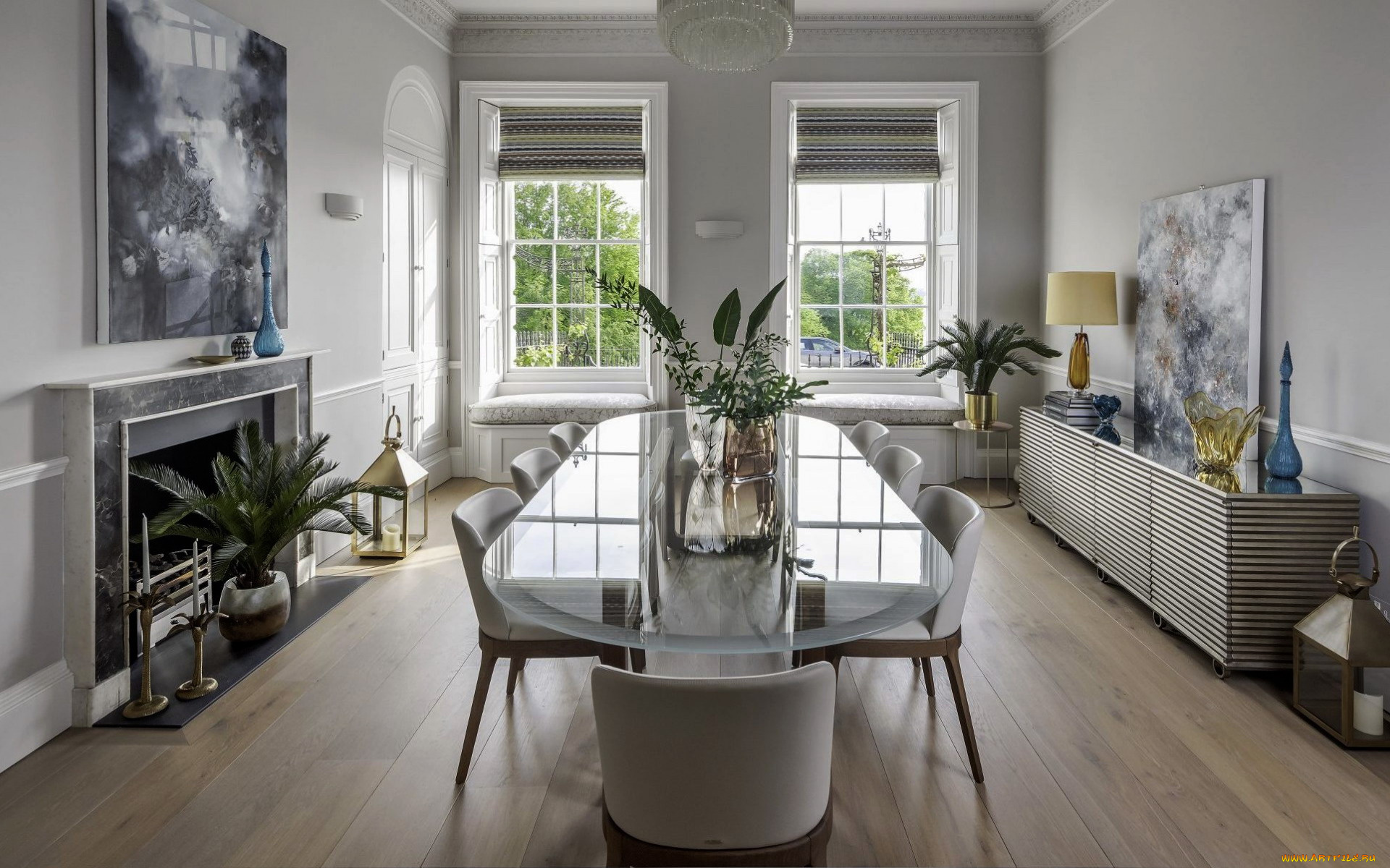 интерьер, столовая, камин, стол, стулья