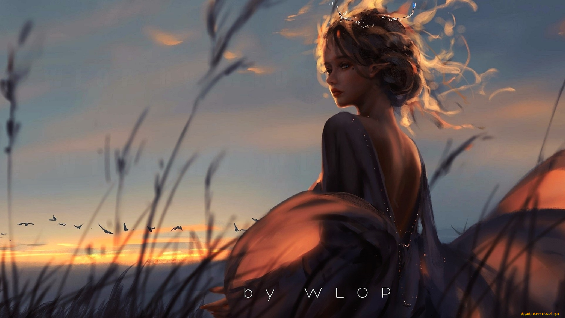 фэнтези, _ghost, blade, , , призрачный, клинок, эльфийка, платье, трава, закат, птицы