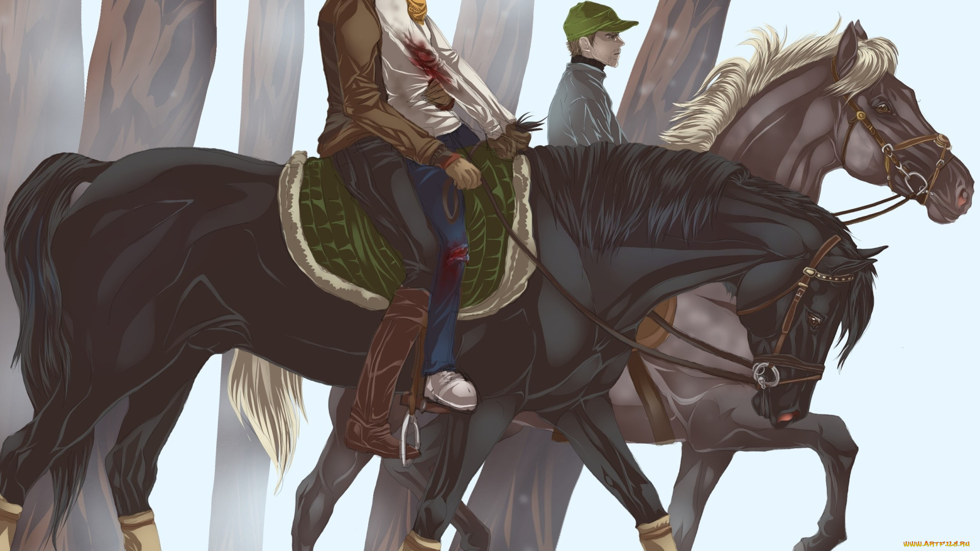 рисованное, люди, всадники, рана