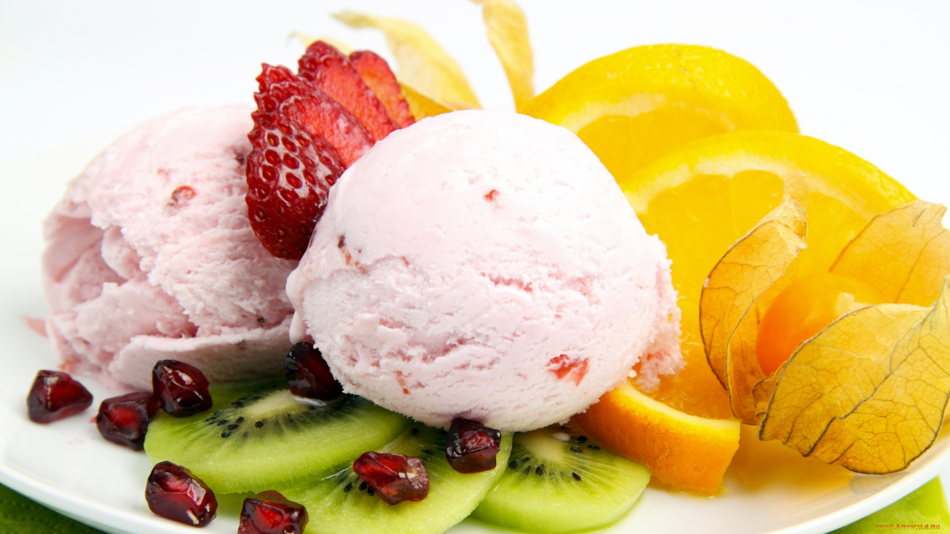 еда, мороженое, , десерты, киви, клубника, апельсин, физалис, зерна, гранат