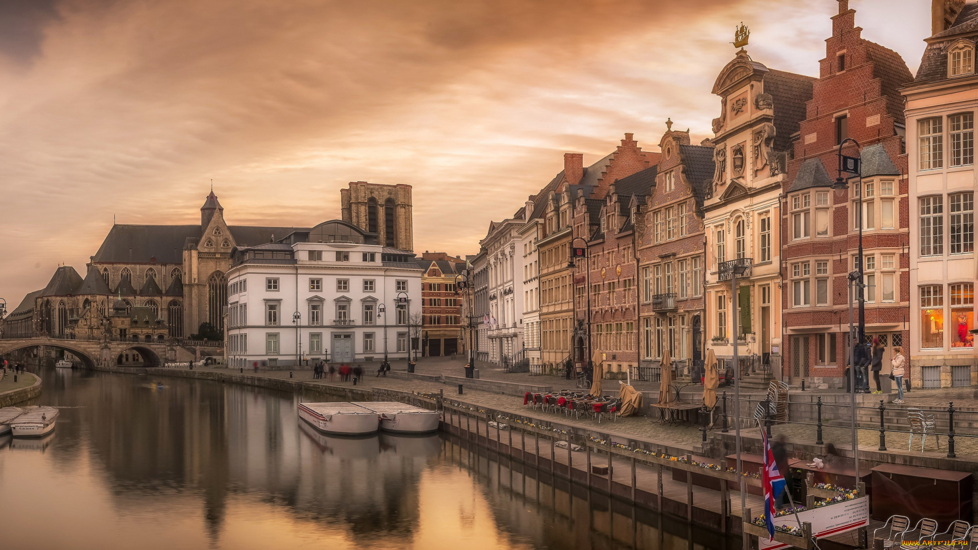 города, гент, , бельгия, канал, мостик, здания, лодки