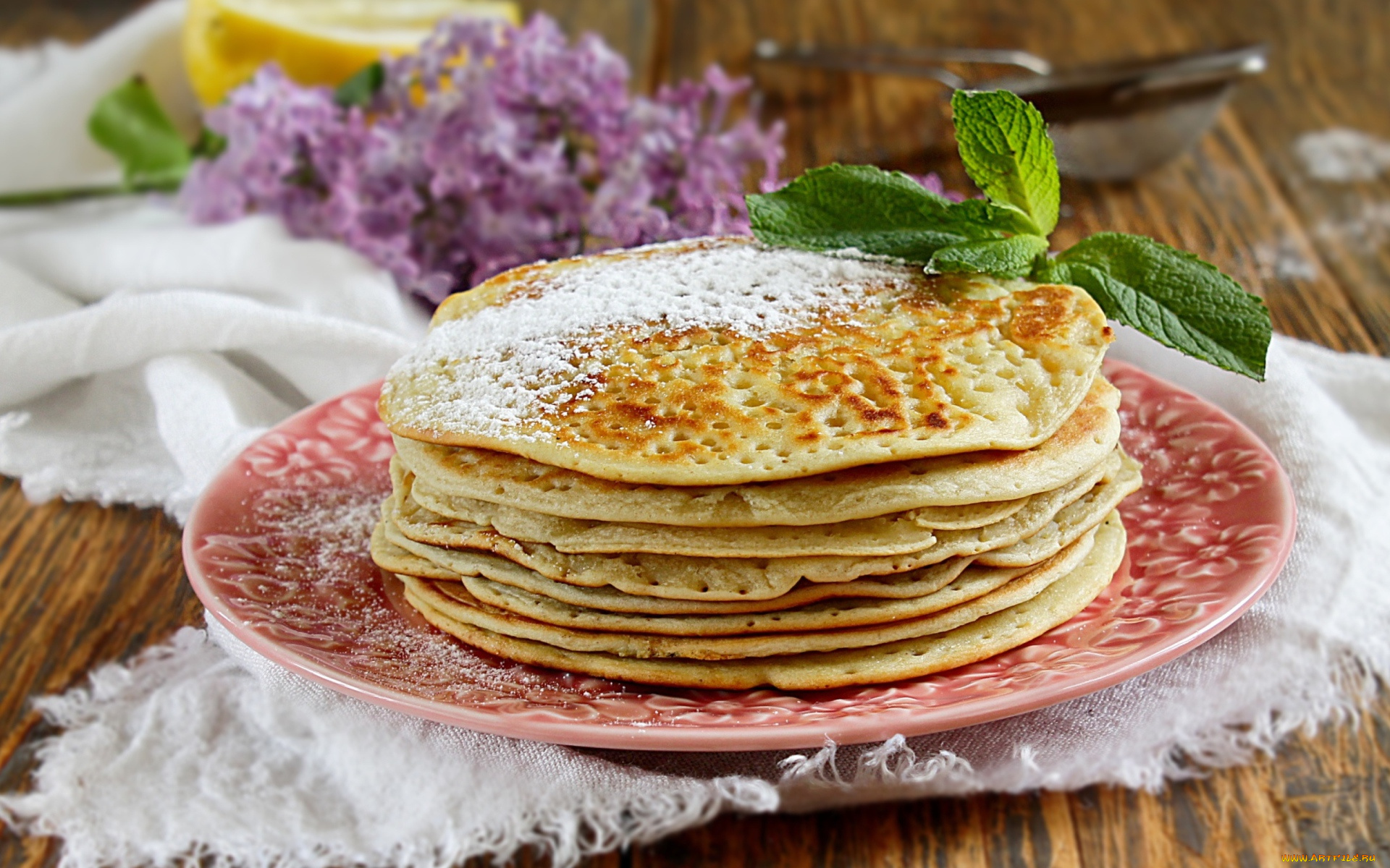 еда, блины, , оладьи, сирень, мята, сахарная, пудра