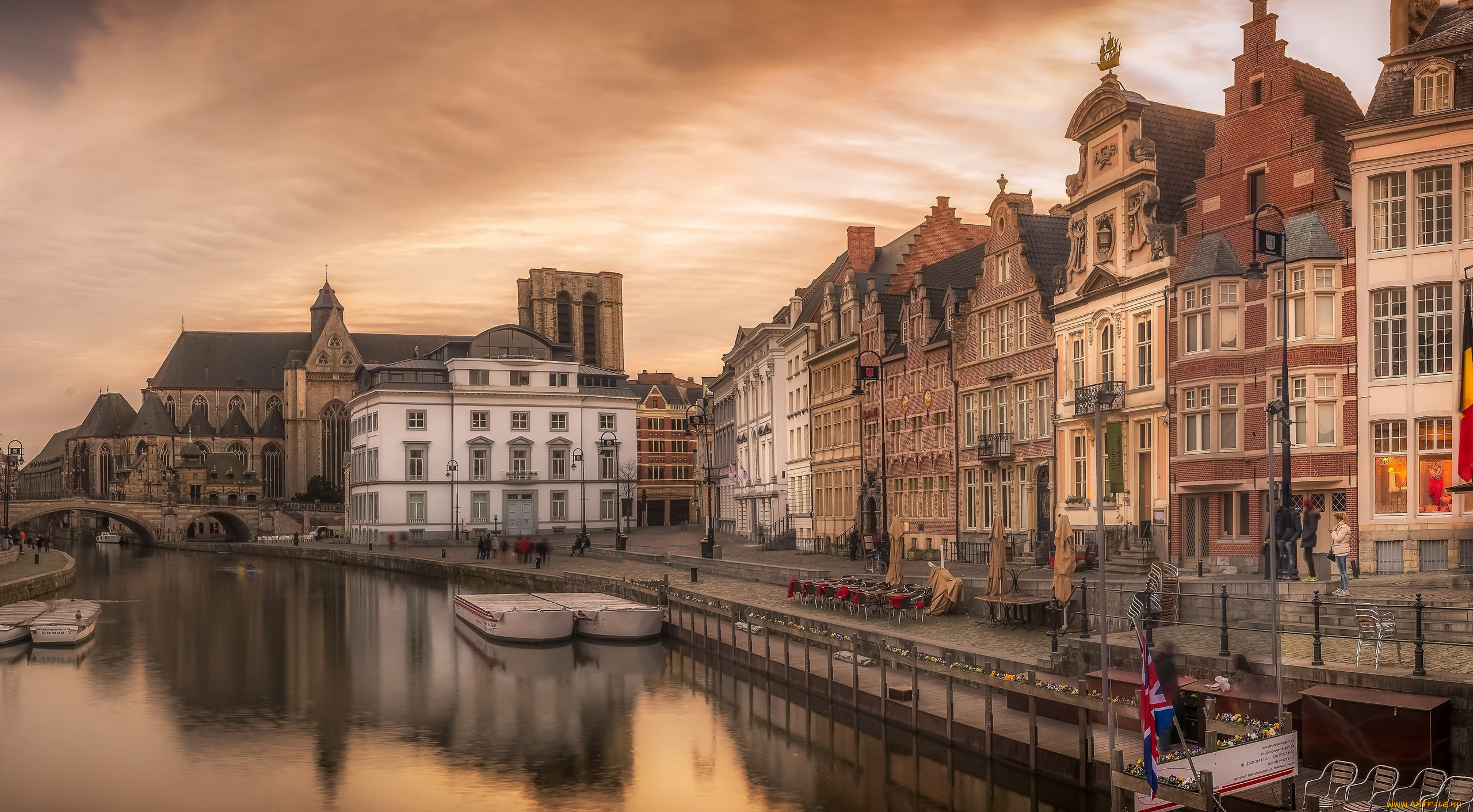 города, гент, , бельгия, канал, мостик, здания, лодки