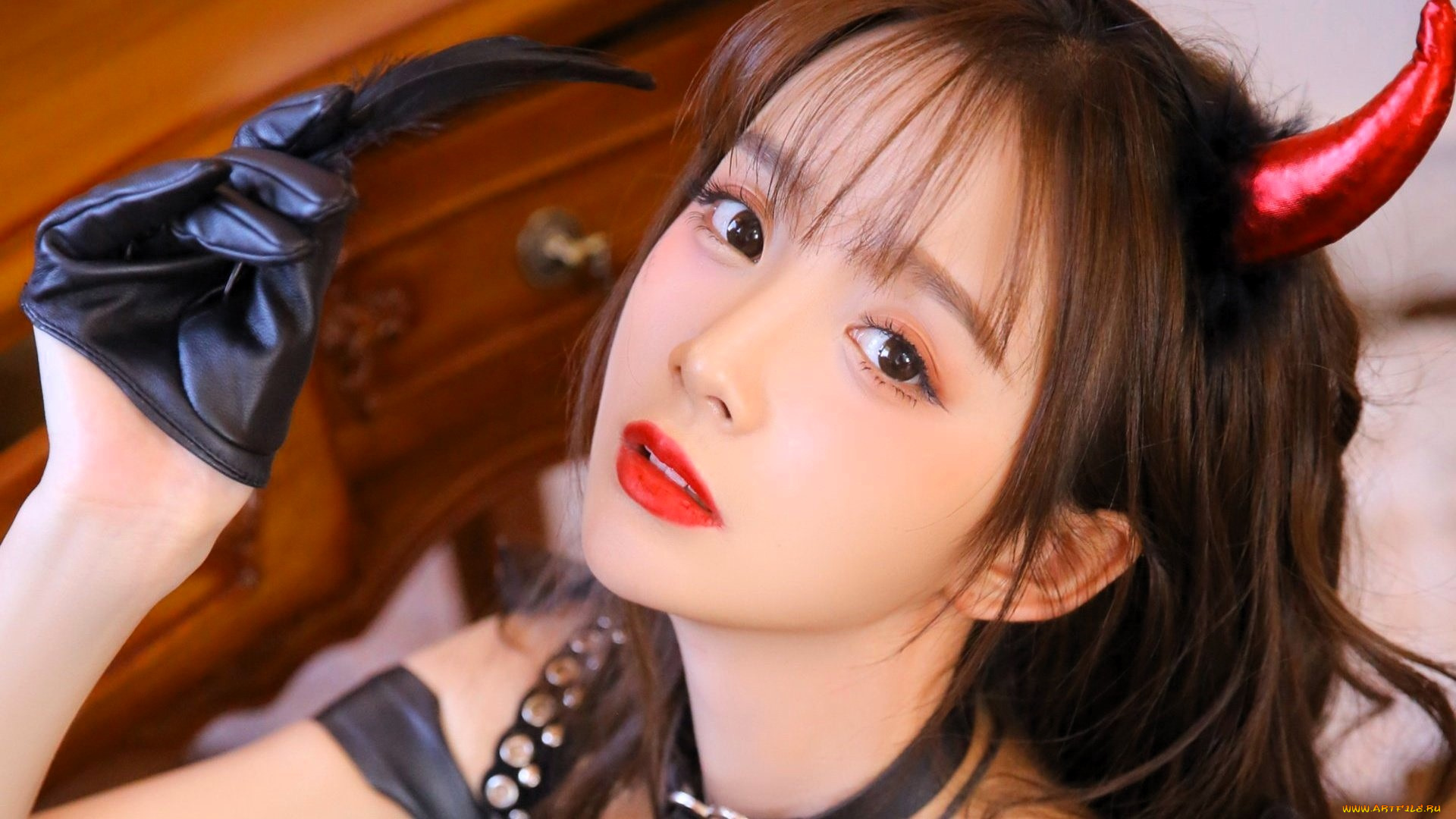 девушки, -, креатив, , косплей, образ, косплей, шатенка, азиатка, рога, перчатки, наряд, перо