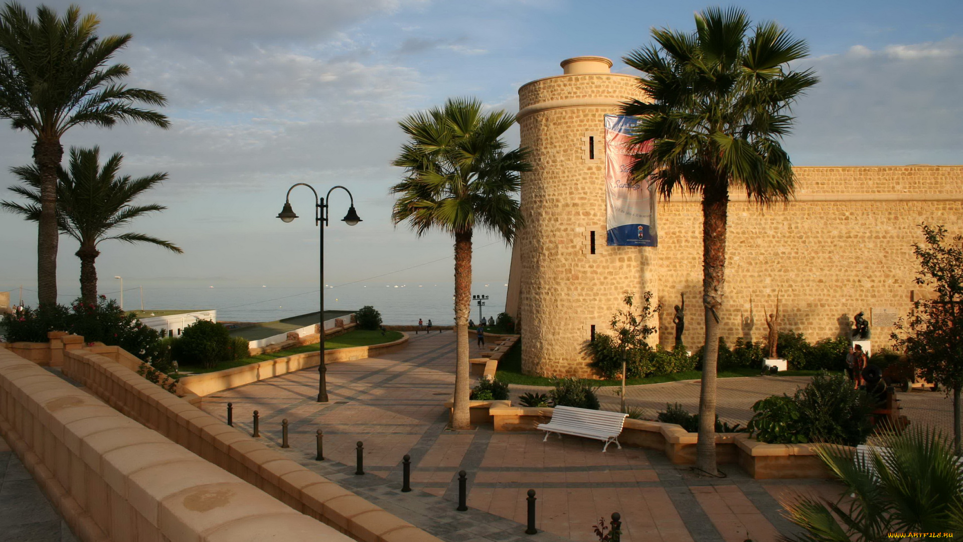 castillo, de, santa, ana, испания, андалусия, города, дворцы, замки, крепости, скамейки, фонари, море