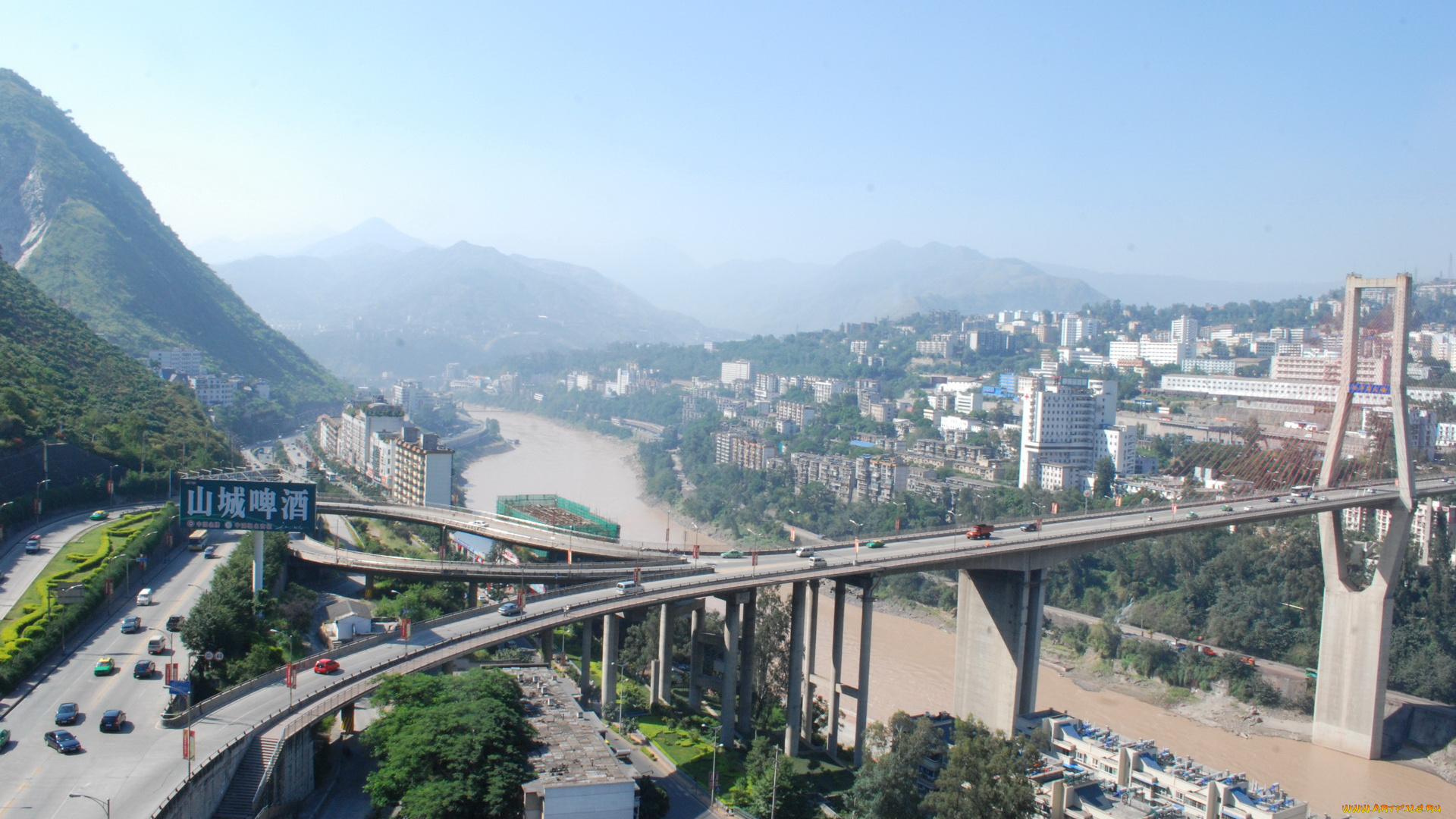 города, мосты, горы, дома, река, мост