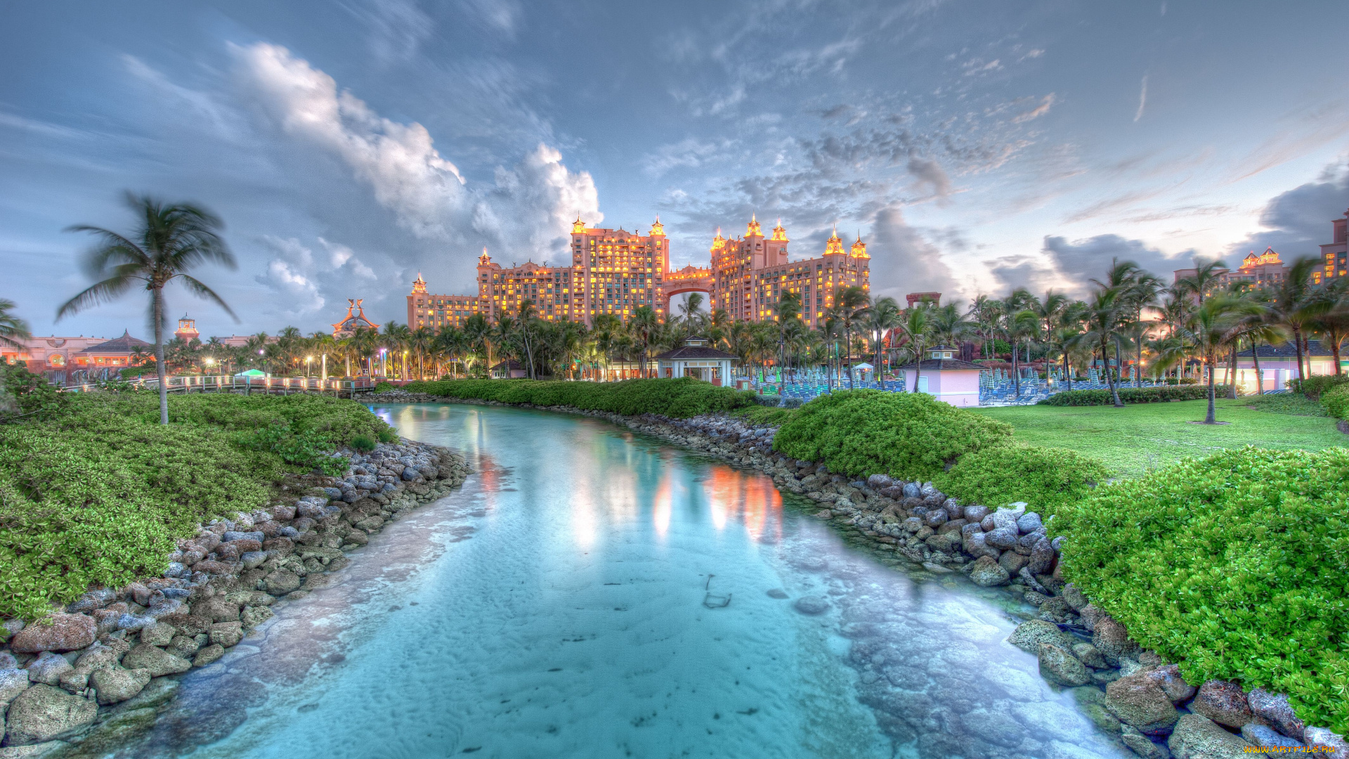 nassau, bahamas, города, пейзажи, багамы, река, камни, пальмы, казино