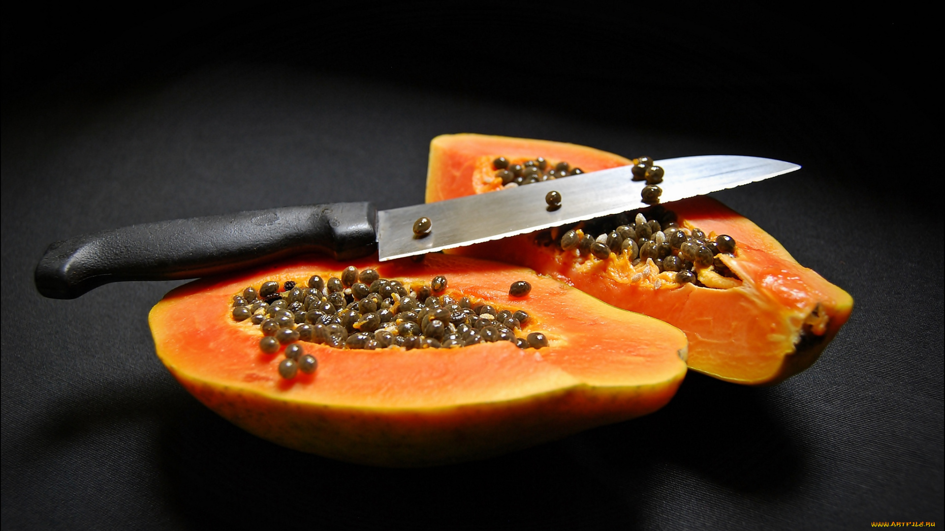 еда, папайя, нож, половинки