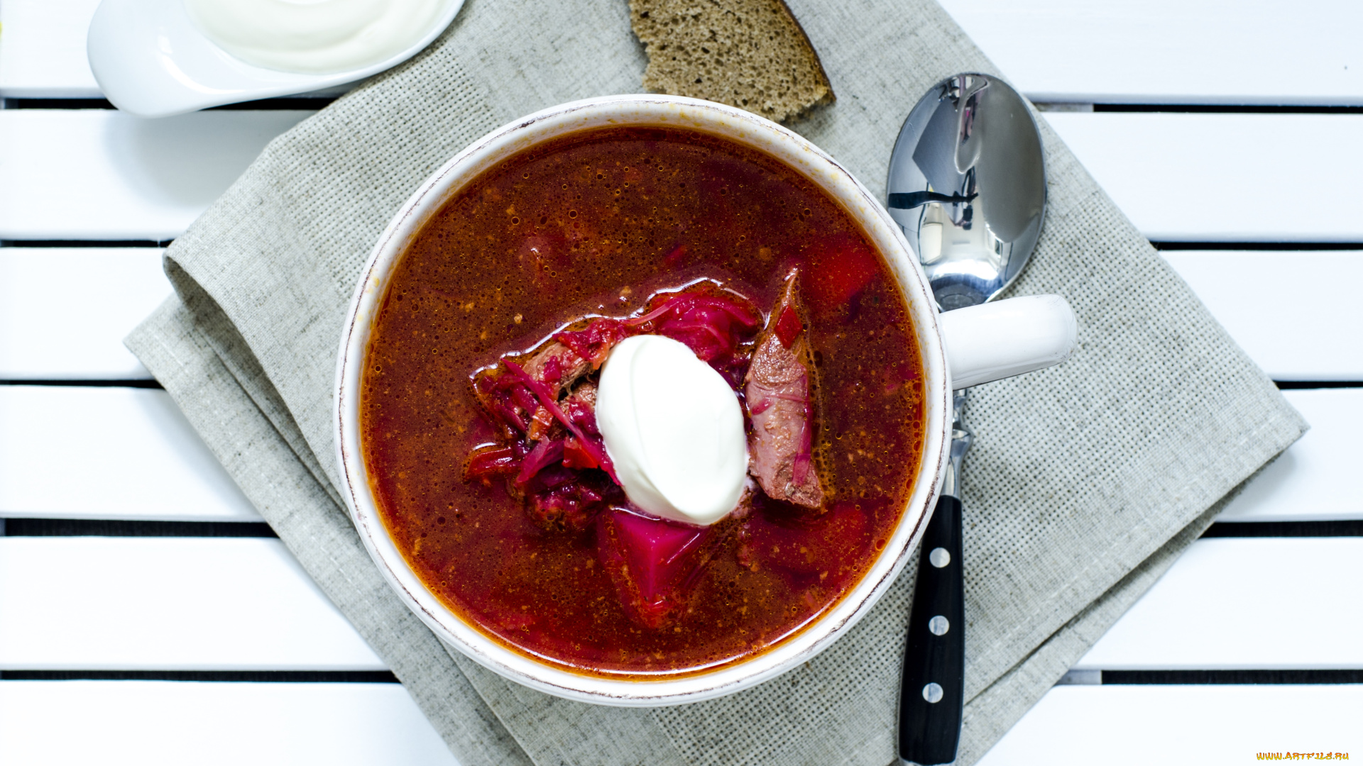 еда, первые, блюда, красный, борщ, сметана, хлеб